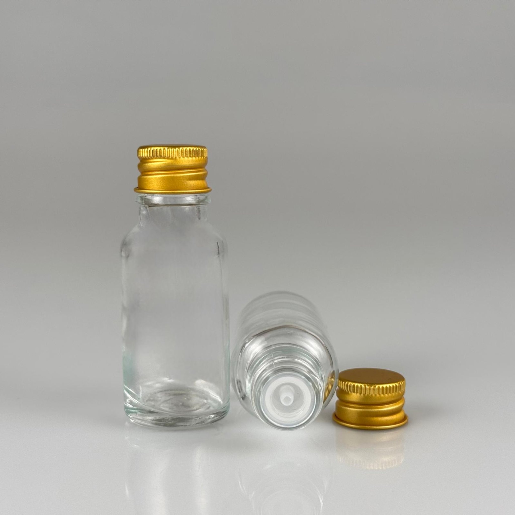 20 CC ŞEFFAF CAM ŞİŞE + KÖPÜK CONTALI GOLD ALÜMİNYUM METAL KAPAKLI + KOLONYA TIPALI TAKIM - 20 ML ŞEFFAF CAM ŞİŞE