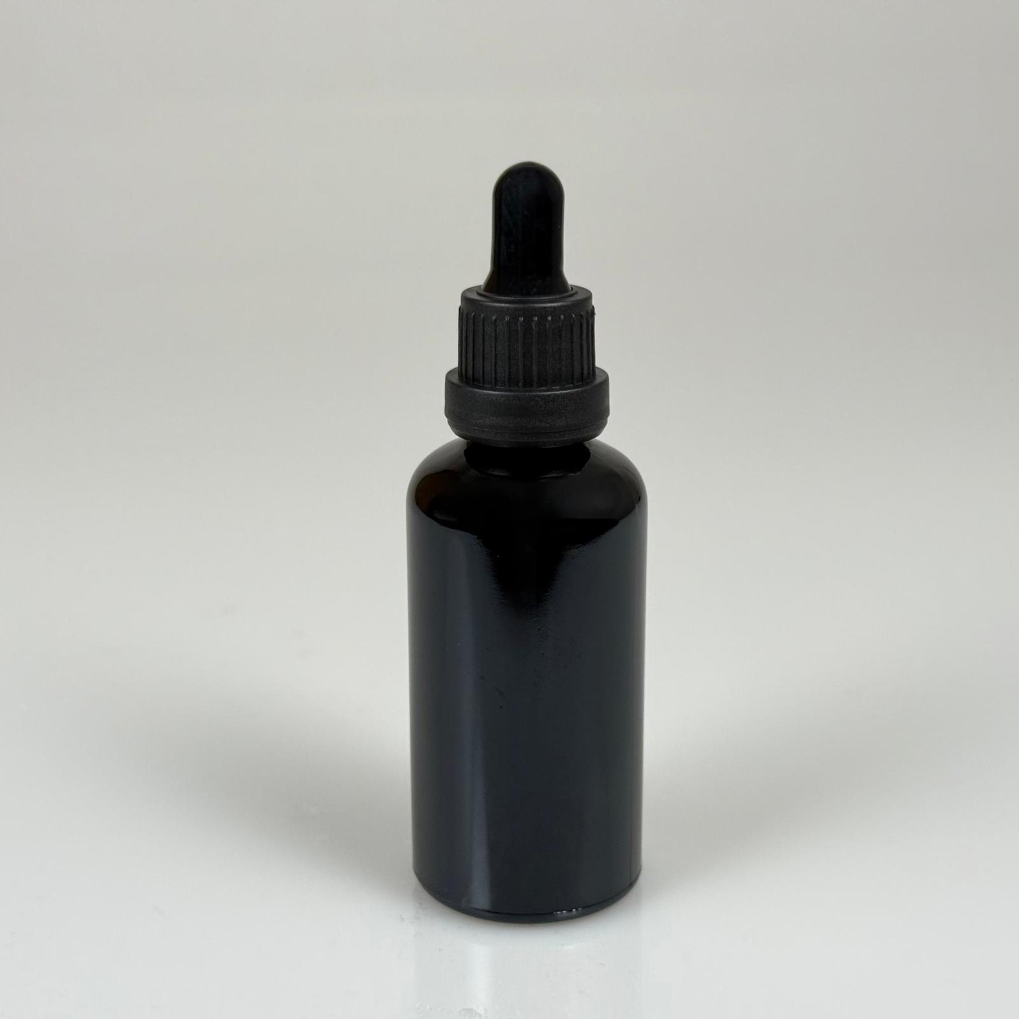 50 CC SİYAH CAM DAMLALIKLI ŞİŞE - SİYAH EMZİK - SİYAH PLASTİK KİLİTLİ KAPAK - 50 ML SİYAH CAM DAMLALIKLI ŞİŞE