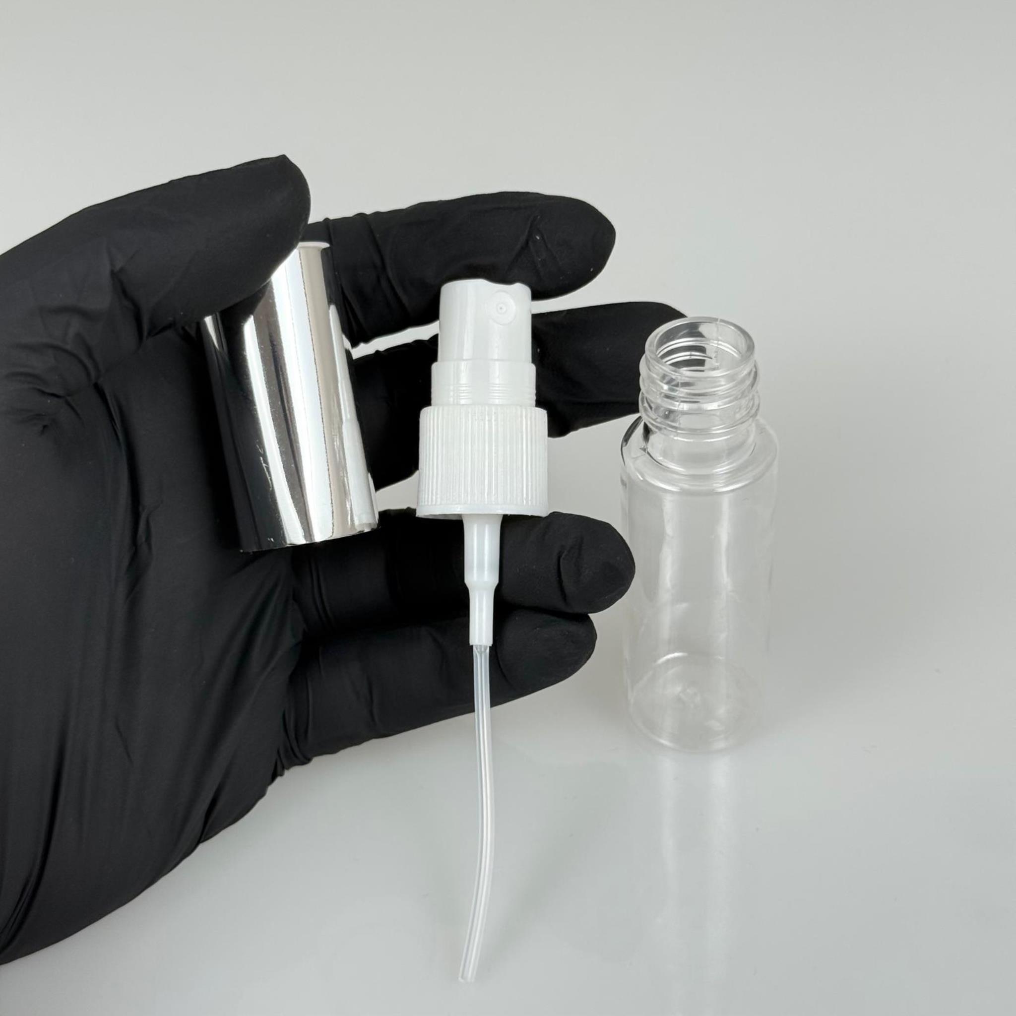 20 ML PET KOLONYA, PARFÜM VB ŞİŞELERİ - METAL ALÜMİNYUM GÜMÜŞ KAPAK + VİDALI SPREY + 20 CC UZUN MODEL ŞİŞE SET TAKIM