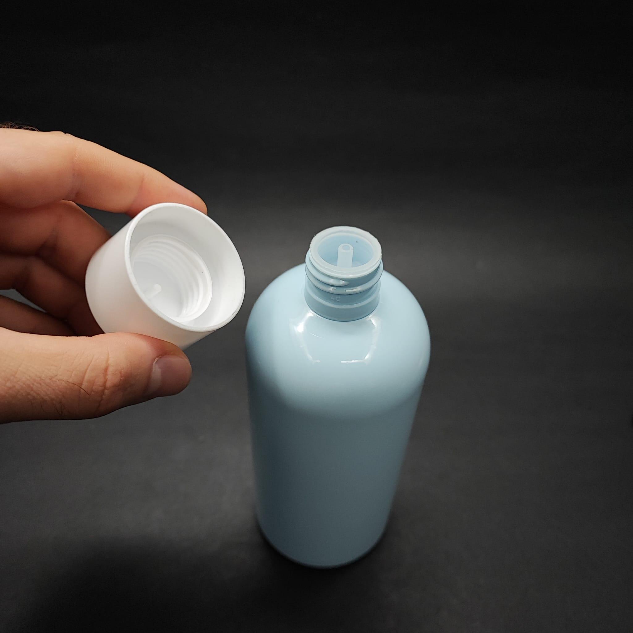 400 CC OVAL BOYUNLU UZUN SİLİNDİR PET ŞİŞE (30 GR) - BEYAZ KOLONYA LOSYON KAPAK + TIPA - 400 ML PLASTİK ŞİŞE - BEBEK MAVİSİ