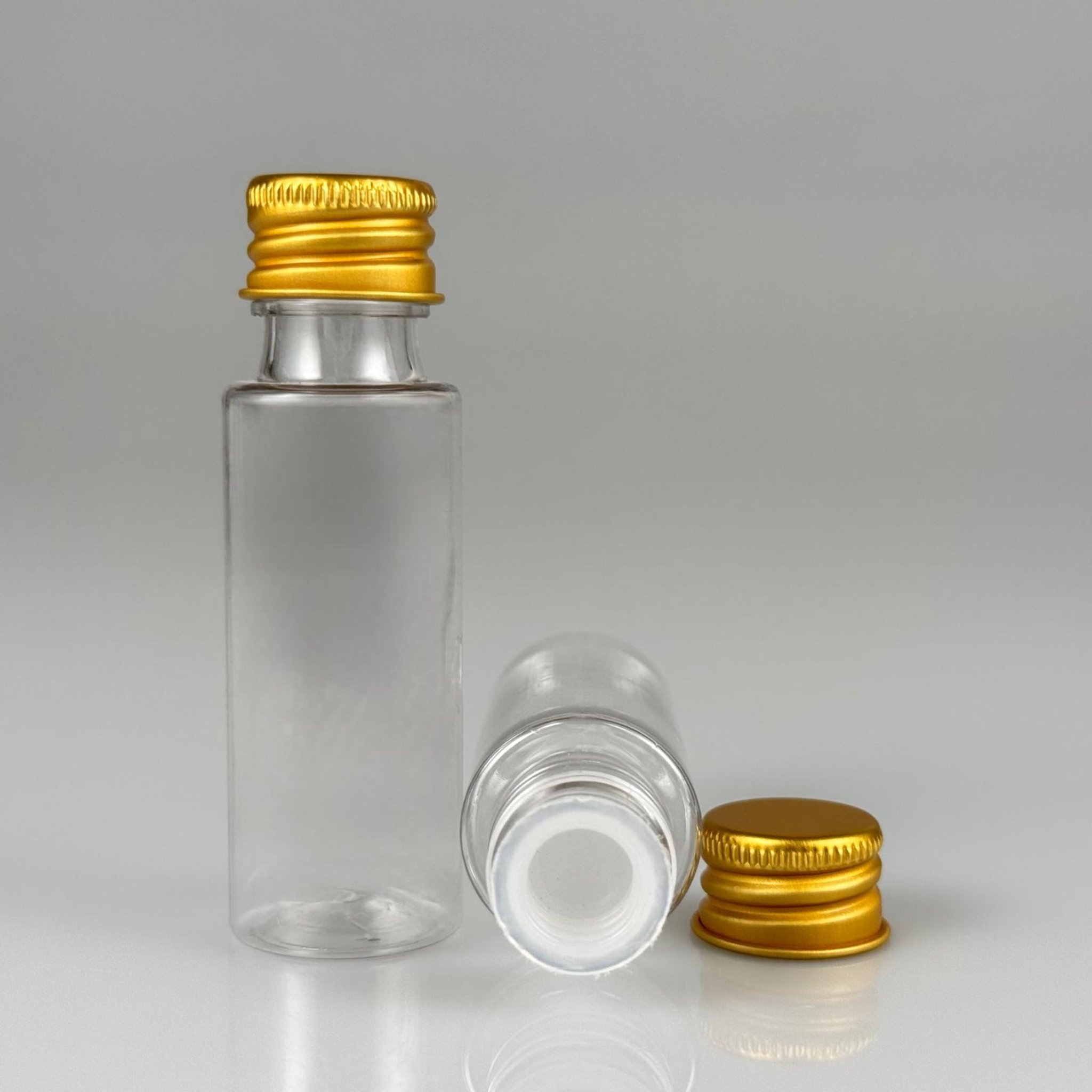 20 CC ŞEFFAF PET ŞİŞE + KÖPÜK CONTALI GOLD ALÜMİNYUM METAL KAPAKLI + KÖR TIPALI TAKIM - 20 ML PLASTİK ŞİŞE