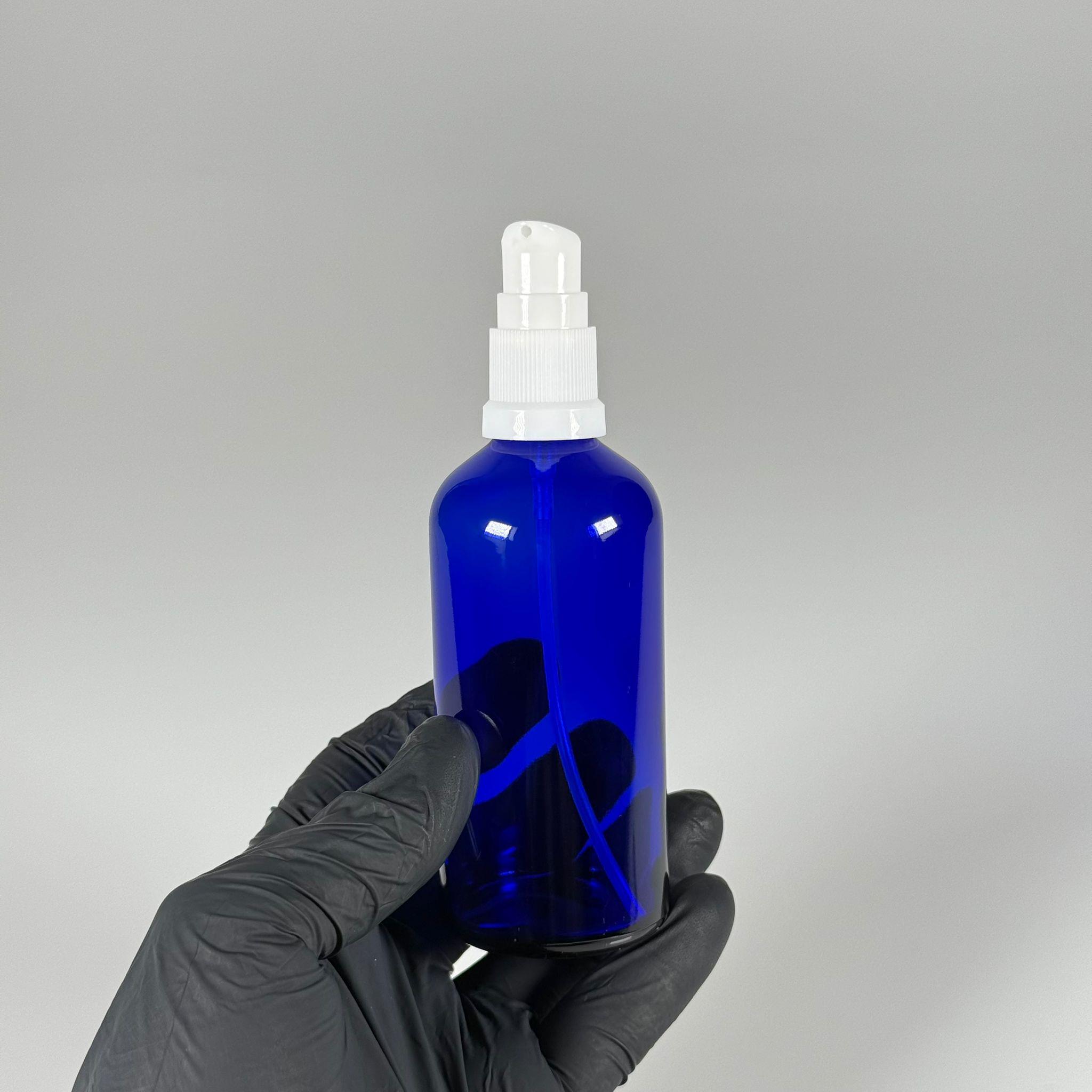 100 CC MAVİ CAM ŞİŞE - SIZDIRMAZ ETEKLİ BEYAZ LOSYON POMPALI TAKIM - 100 ML LOSYON ŞİŞESİ - YAĞ, KREM GİBİ YOĞUN KIVAMLI SIVILAR İÇİN CAM AMBALAJ