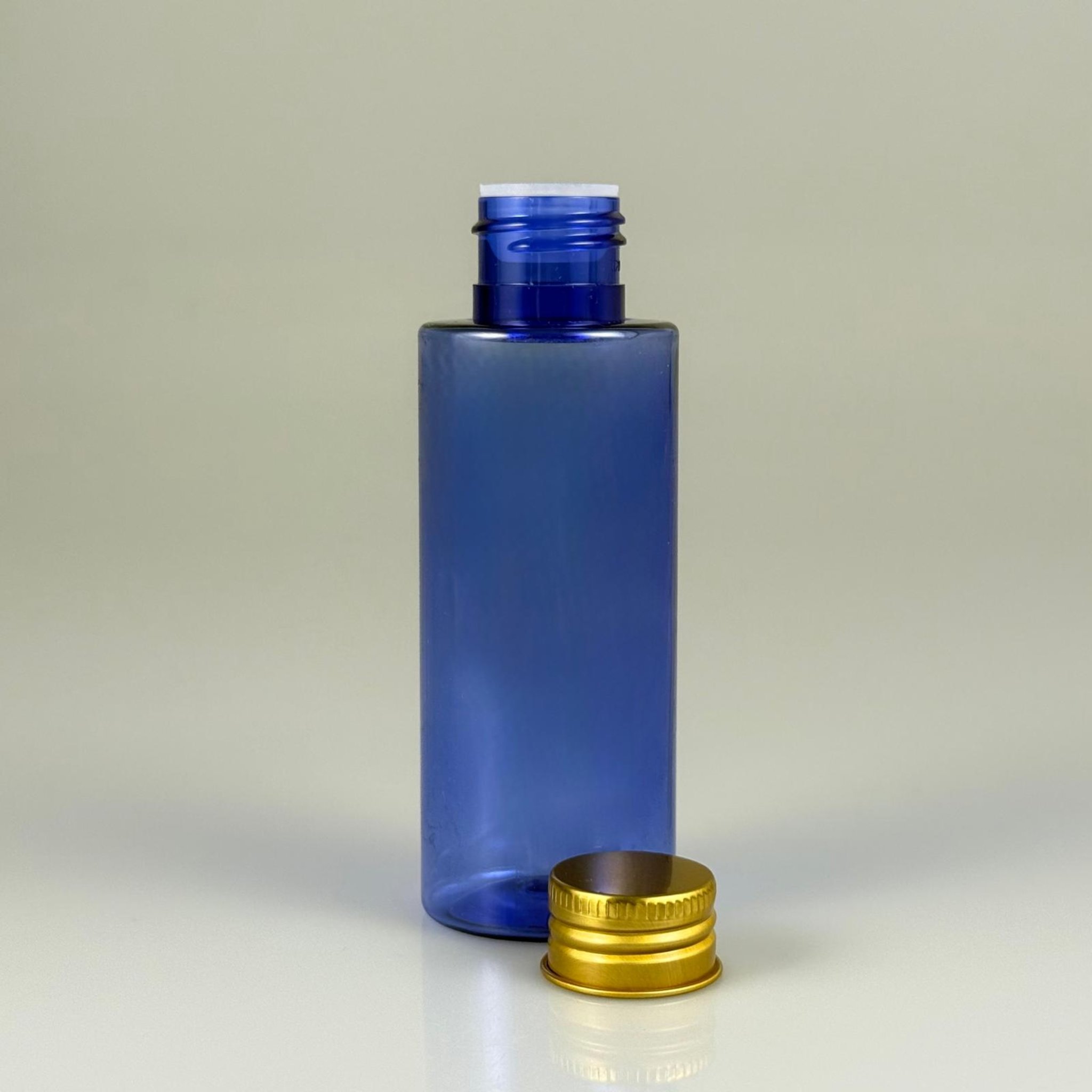 100 CC MAVİ SİLİNDİR KESKİN KÜT MODEL SERT PET ŞİŞE (17 GR - 24 AĞIZ ) + KÖPÜK COMTALI GOLD METAL ALÜMİNYUM KAPAK + KOLONYA TIPALI TAKIM - 100 ML KAPAKLI MAVİ PET ŞİŞELER