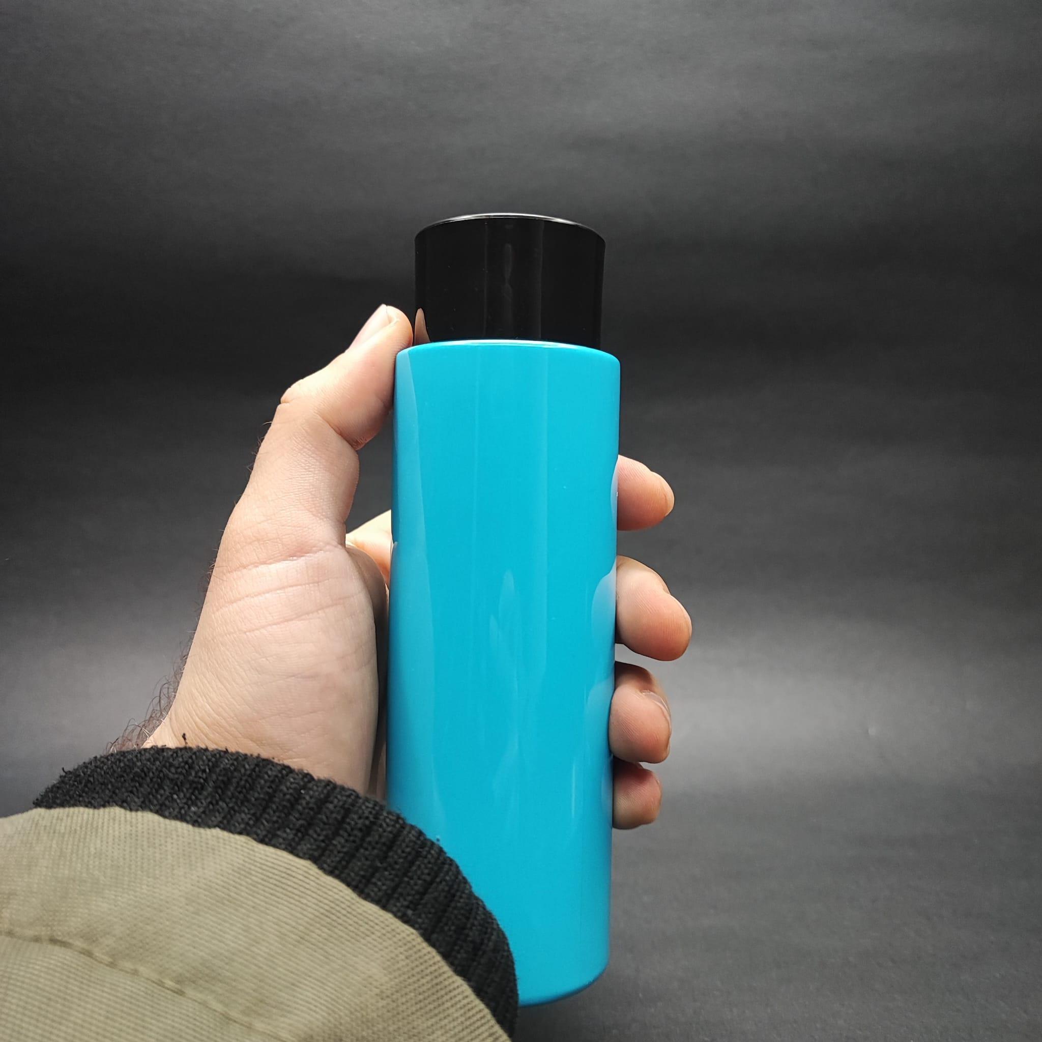 200 CC KÜT BOYUNLU UZUN SİLİNDİR PET ŞİŞE (24 GR) - SİYAH KOLONYA LOSYON KAPAK + TIPA - 200 ML PLASTİK ŞİŞE - MAVİ