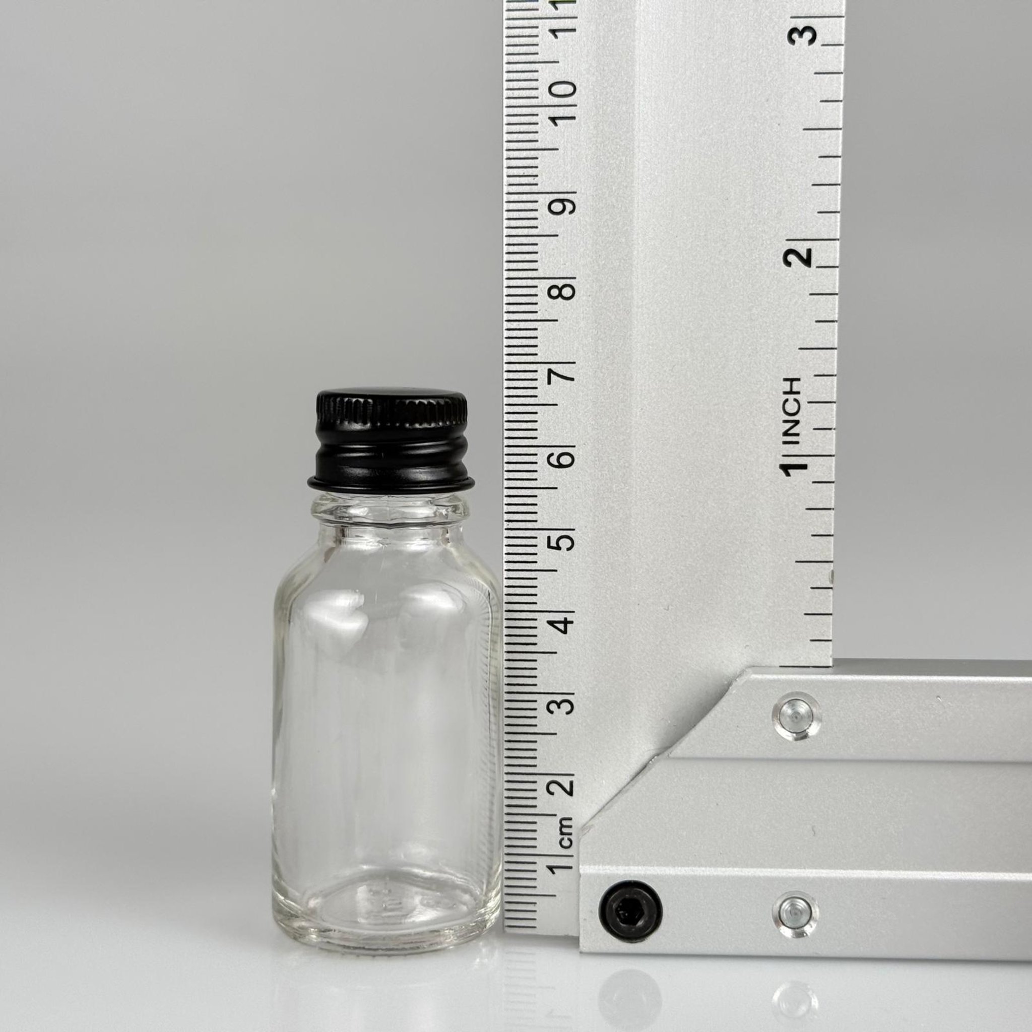 15 CC ŞEFFAF CAM ŞİŞE + KÖPÜK CONTALI SİYAH ALÜMİNYUM METAL KAPAKLI + KÖR TIPALI TAKIM - 15 ML ŞEFFAF CAM ŞİŞE