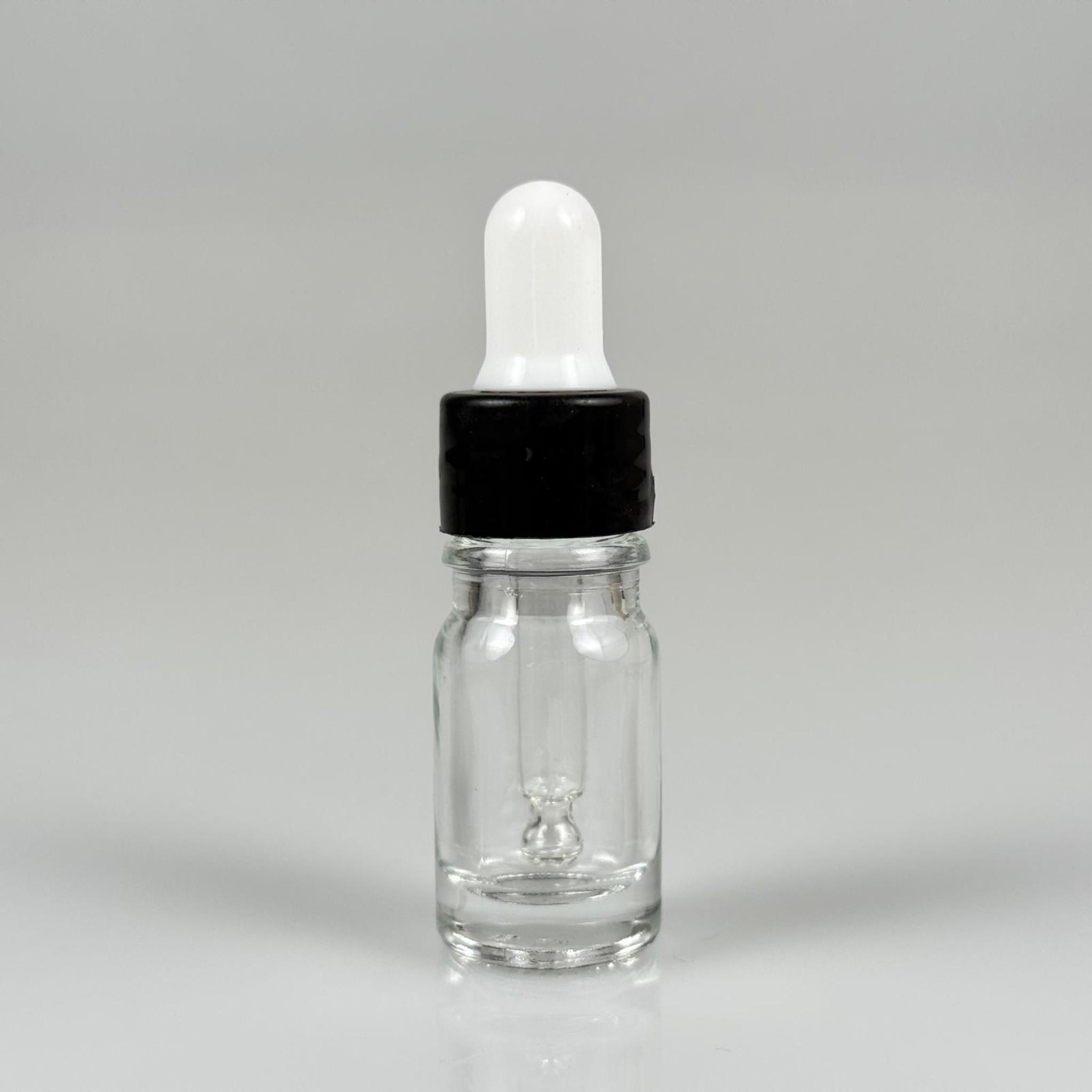 5 CC ŞEFFAF CAM DAMLALIKLI ŞİŞE - BEYAZ EMZİK + SİYAH DÜZ KAPAK + CAM PİPET TAKIM - 5 ML DAMLALIKLI ŞİŞE SETİ