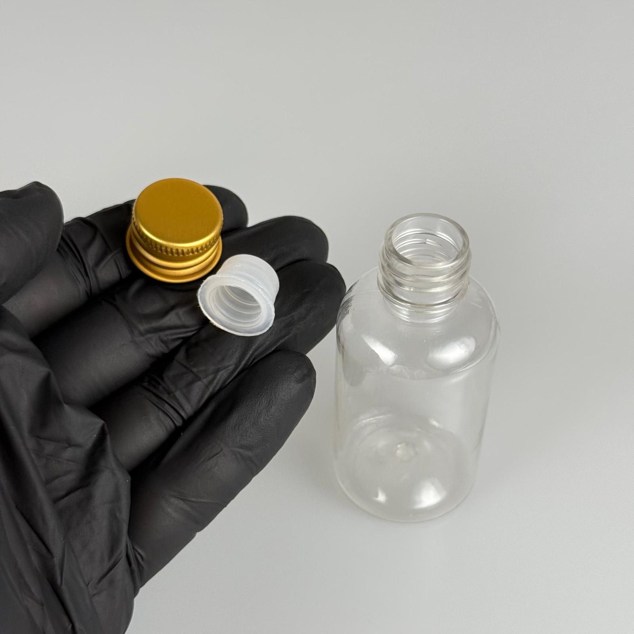 40 CC ŞEFFAF SİLİNDİR TOMBUL PET ŞİŞE + KÖPÜK CONTALI GOLD ALÜMİNYUM METAL KAPAKLI + KÖR TIPALI TAKIM - 40 ML PLASTİK ŞİŞE