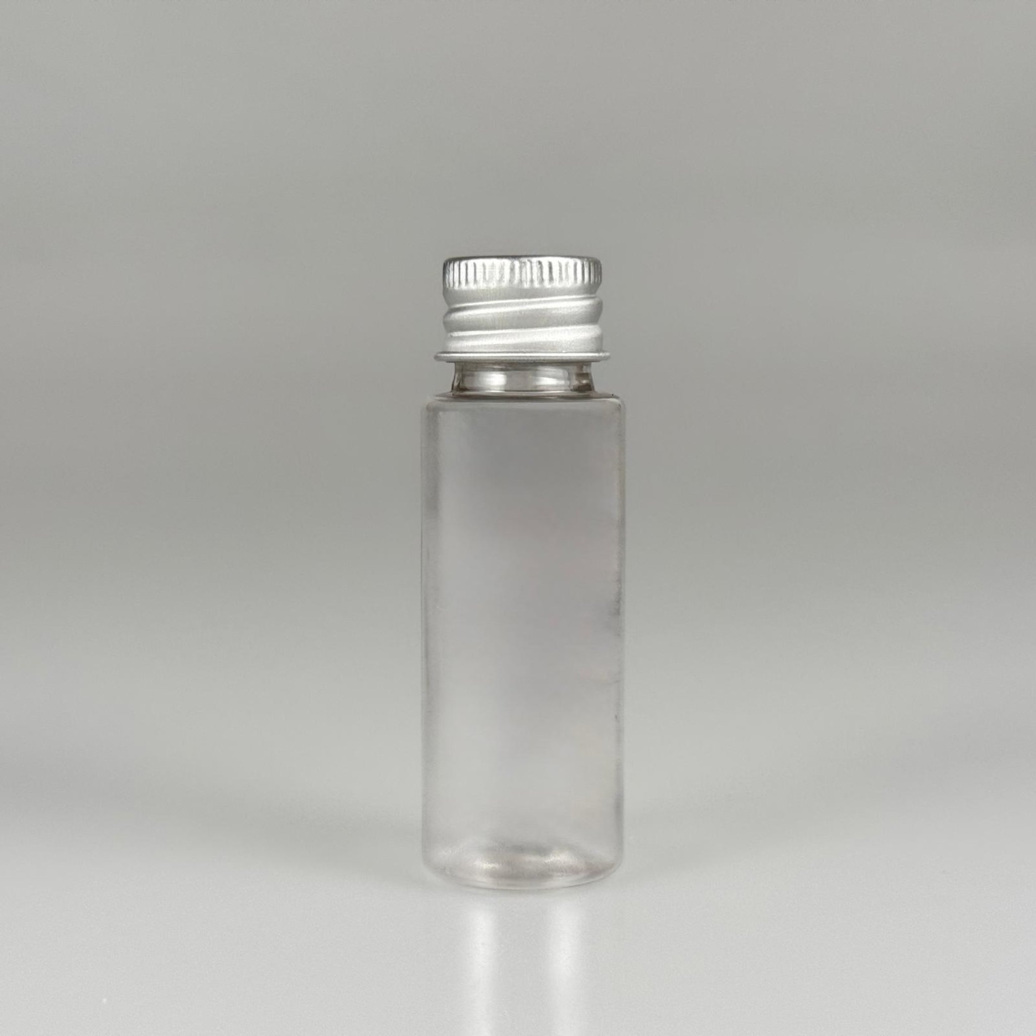 20 CC ŞEFFAF PET SHOT ŞİŞE - KÖPÜK CONTALI GÜMÜŞ ALÜMİNYUM METAL KAPAKLI TAKIM - 20 ML PLASTİK ŞİŞE