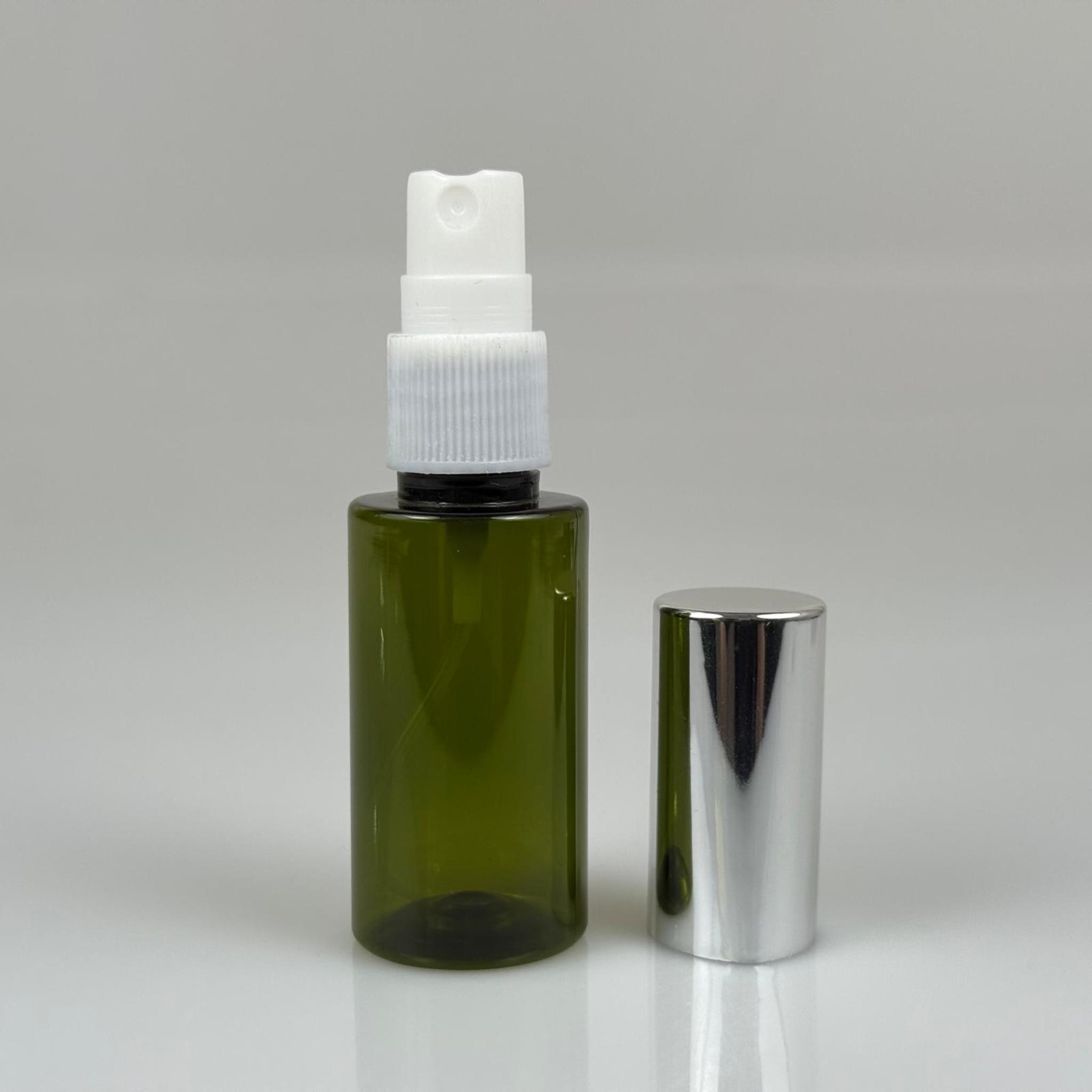 35 ML PET KOLONYA, PARFÜM VB ŞİŞELERİ - METAL ALÜMİNYUM GÜMÜŞ KAPAK + VİDALI SPREY + 35 CC YEŞİL ŞİŞE SET TAKIM