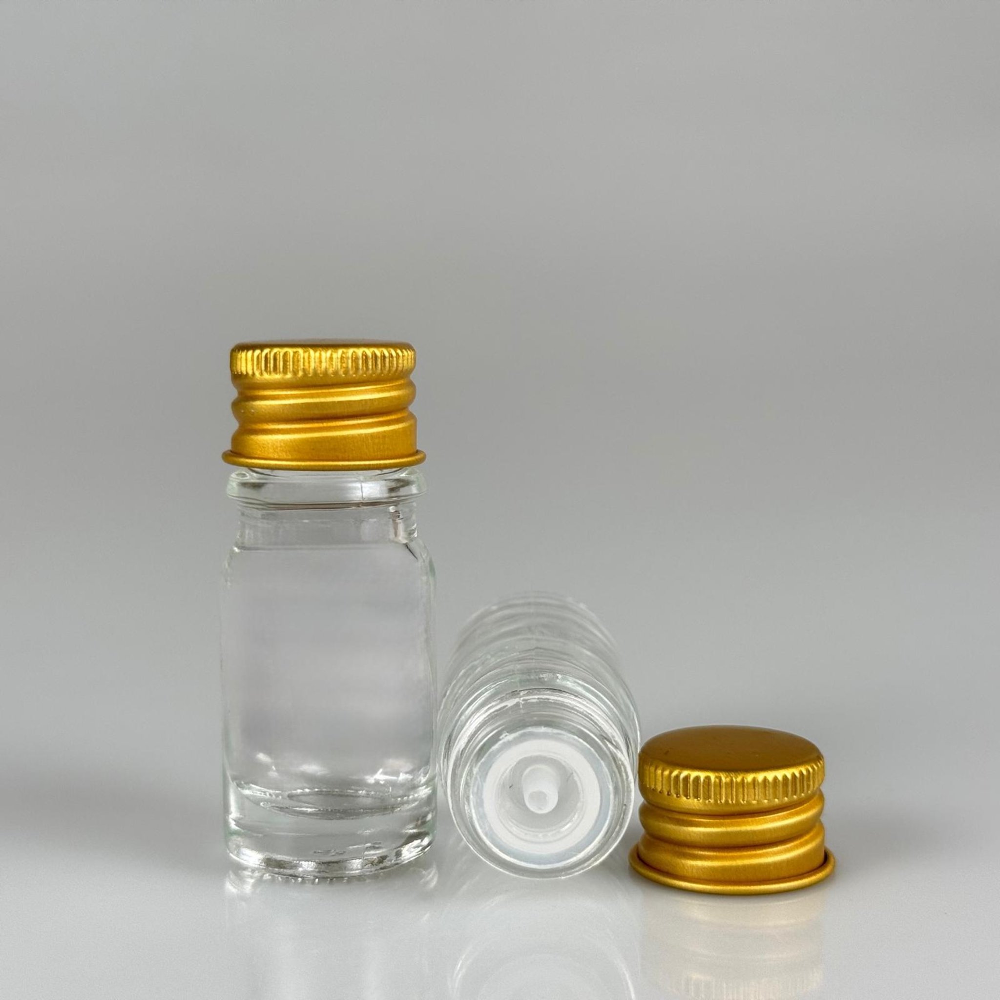 5 CC ŞEFFAF CAM ŞİŞE + KÖPÜK CONTALI GOLD ALÜMİNYUM METAL KAPAKLI + KOLONYA TIPALI TAKIM - 5 ML ŞEFFAF CAM ŞİŞE