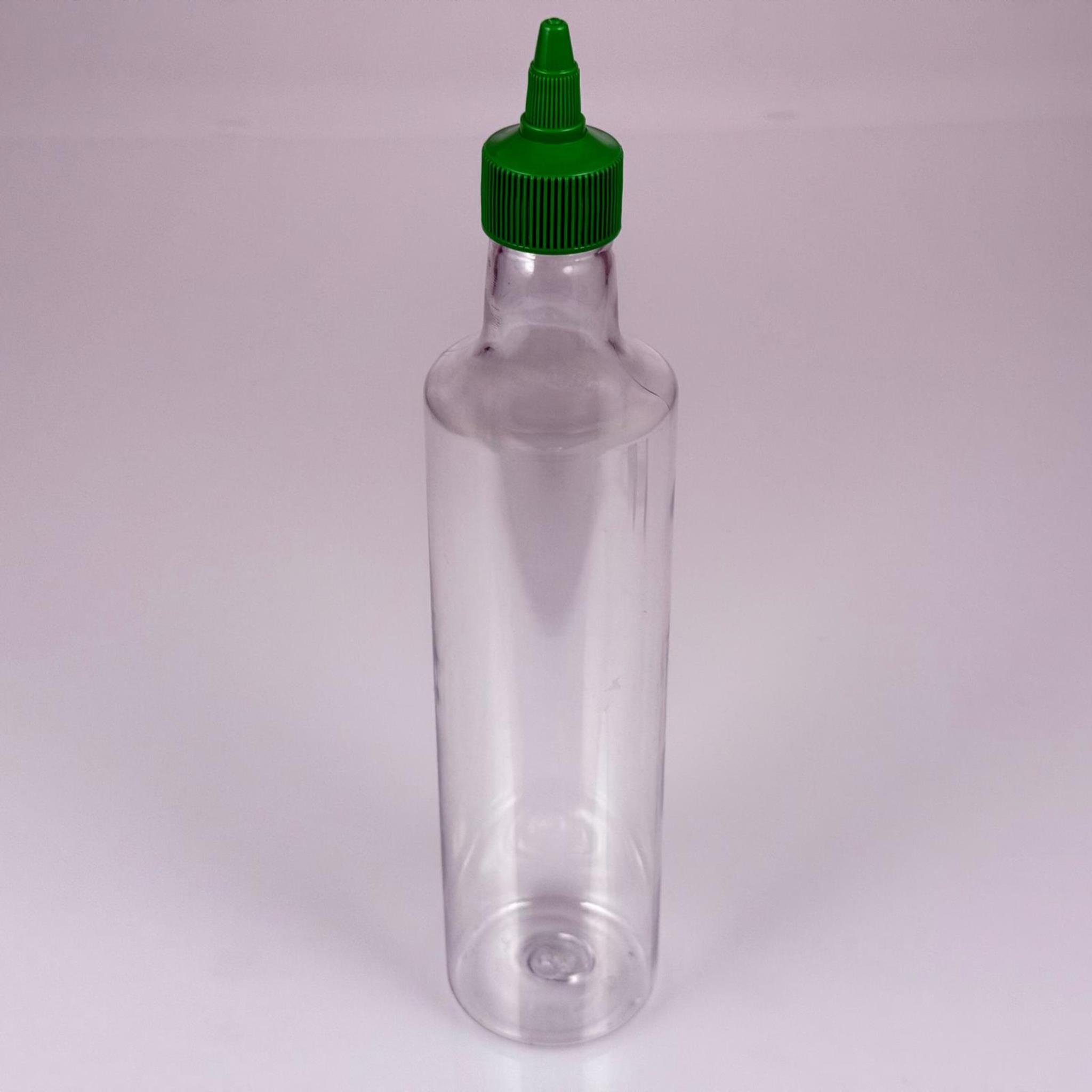ZEYTİNYAĞI, SOS, ACI SOS, SİRKE, SRIRACHA VB BOŞ ŞİŞELERİ - YEŞİL SİVRİ TWİST AKITICI KAPAK + 500 ML ŞEFFAF DORİKA PET PLASTİK ŞİŞE TAKIM