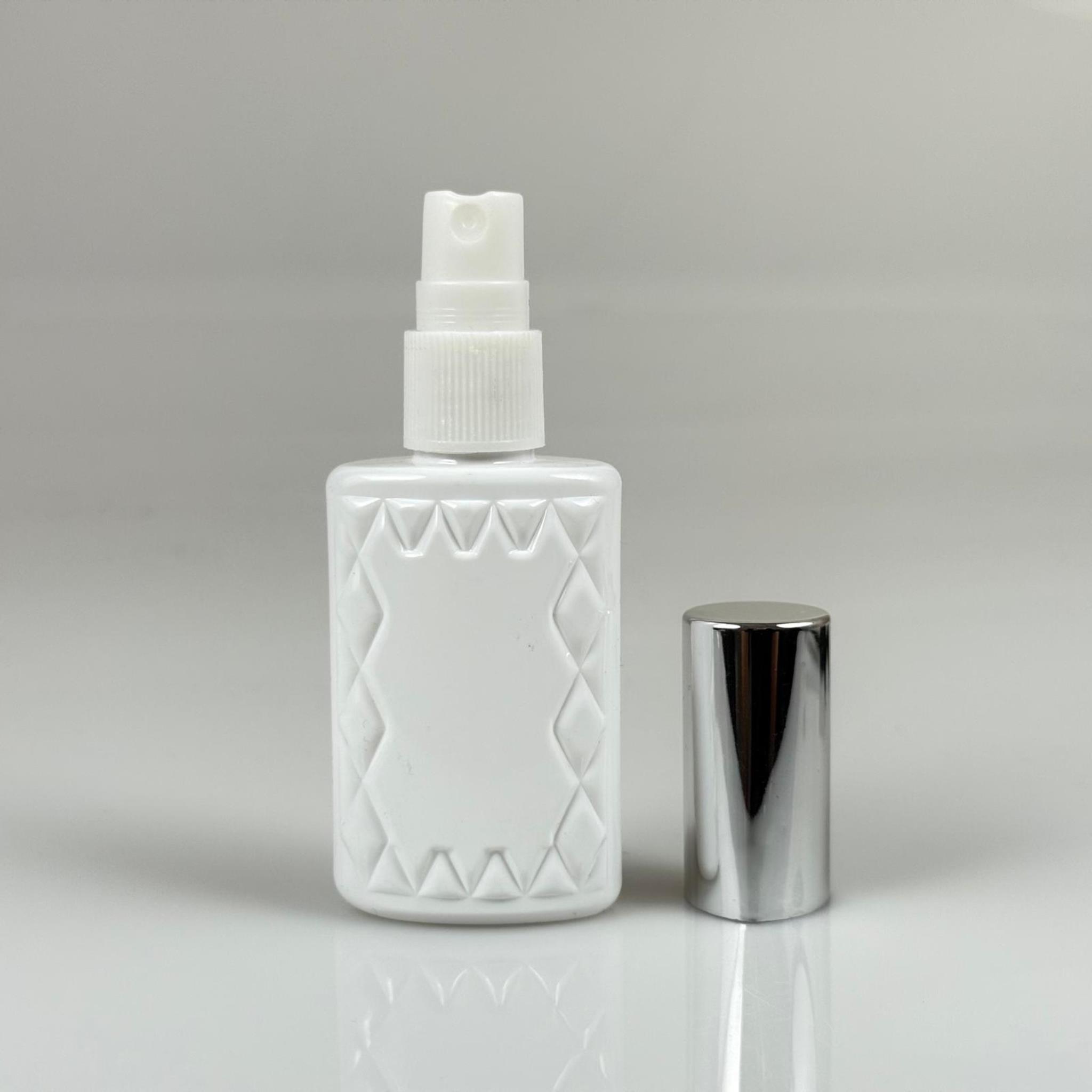 50 ML PET KOLONYA, PARFÜM VB ŞİŞELERİ - METAL ALÜMİNYUM GÜMÜŞ KAPAK + VİDALI SPREY + 50 CC KÖŞELİ BEYAZ ŞİŞE SET TAKIM