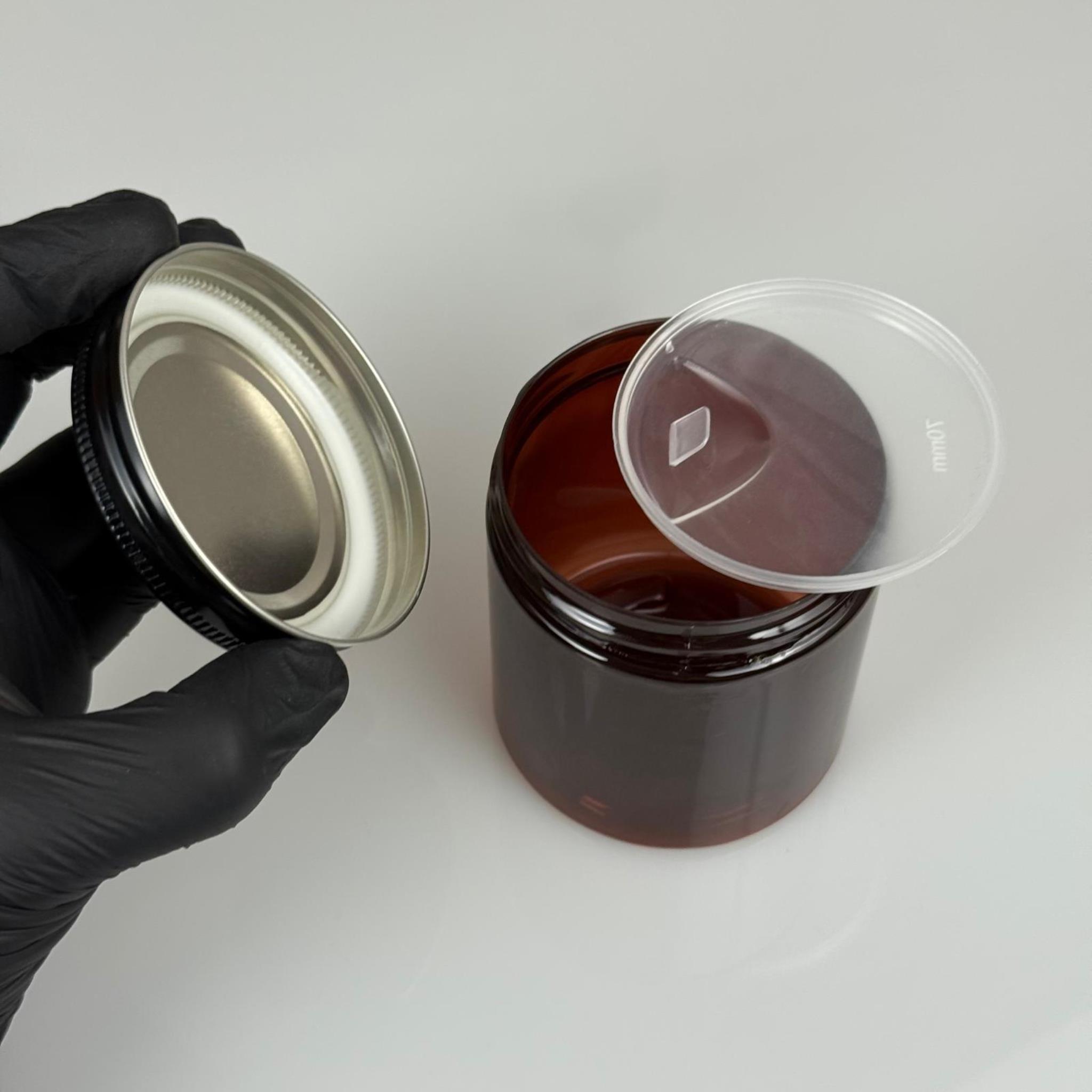 250 ML SERT PET KAVANOZ + SİYAH METAL KAPAK + İÇ TIPA - 250 CC KALIN AMBER PLASTİK KAVANOZ SİYAH METAL KAPAKLI İÇ TIPALI TAKIM - KREM KAVANOZLARI
