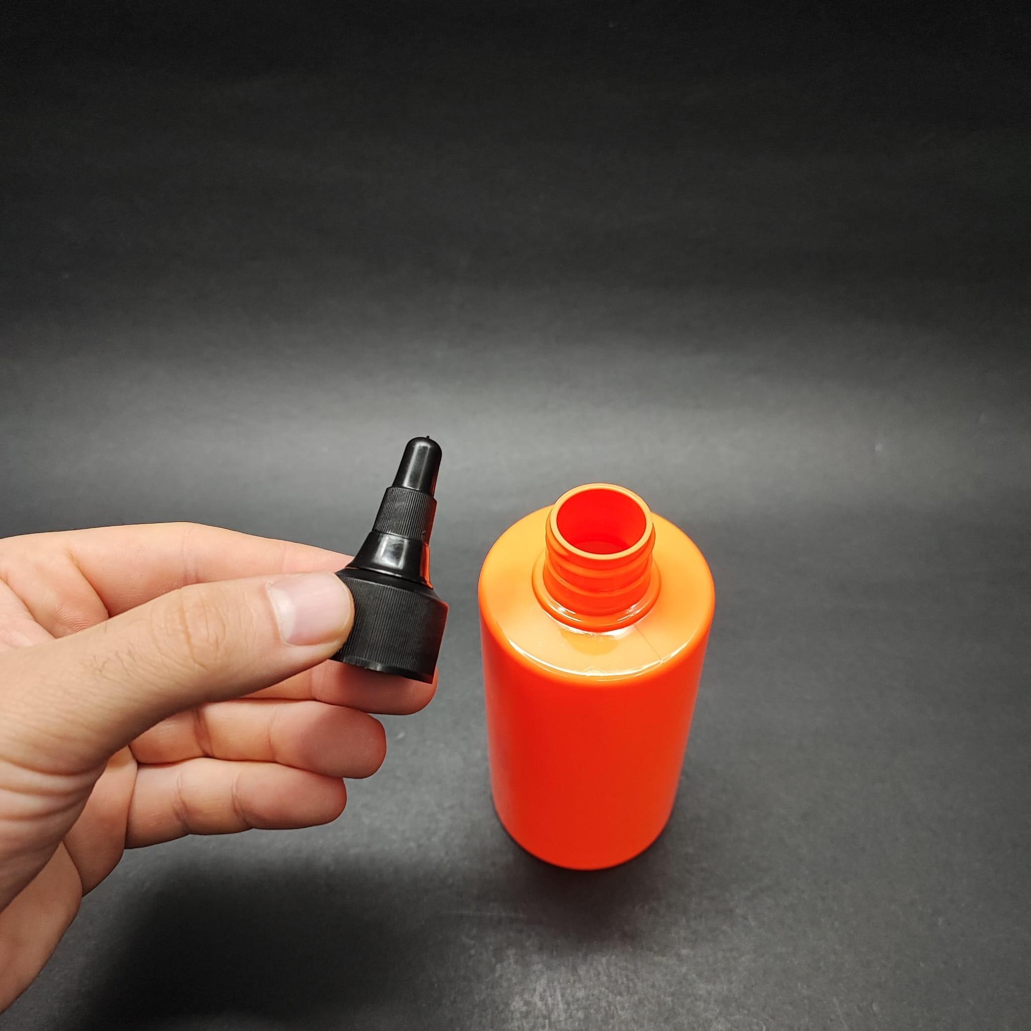 200 CC KÜT BOYUNLU SİLİNDİR PET ŞİŞE (24 GR) - AKITICI ASANSÖR SİYAH KAPAKLI - 200 ML PLASTİK ŞİŞE - TURUNCU