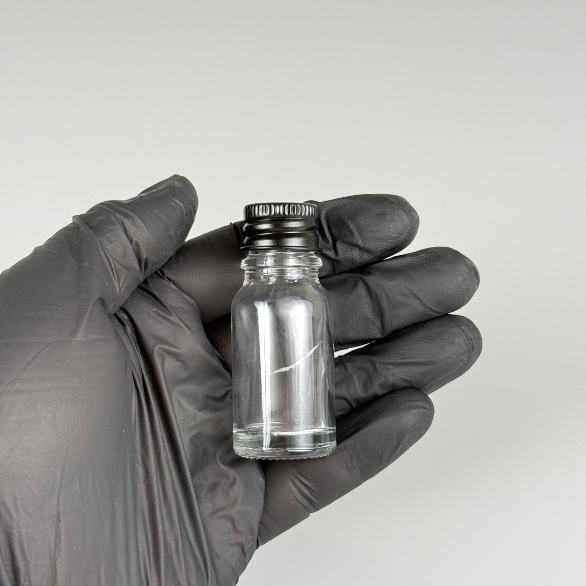 10 CC ŞEFFAF CAM ŞİŞE + KÖPÜK CONTALI SİYAH ALÜMİNYUM METAL KAPAKLI + KÖR TIPALI TAKIM - 10 ML ŞEFFAF CAM ŞİŞE