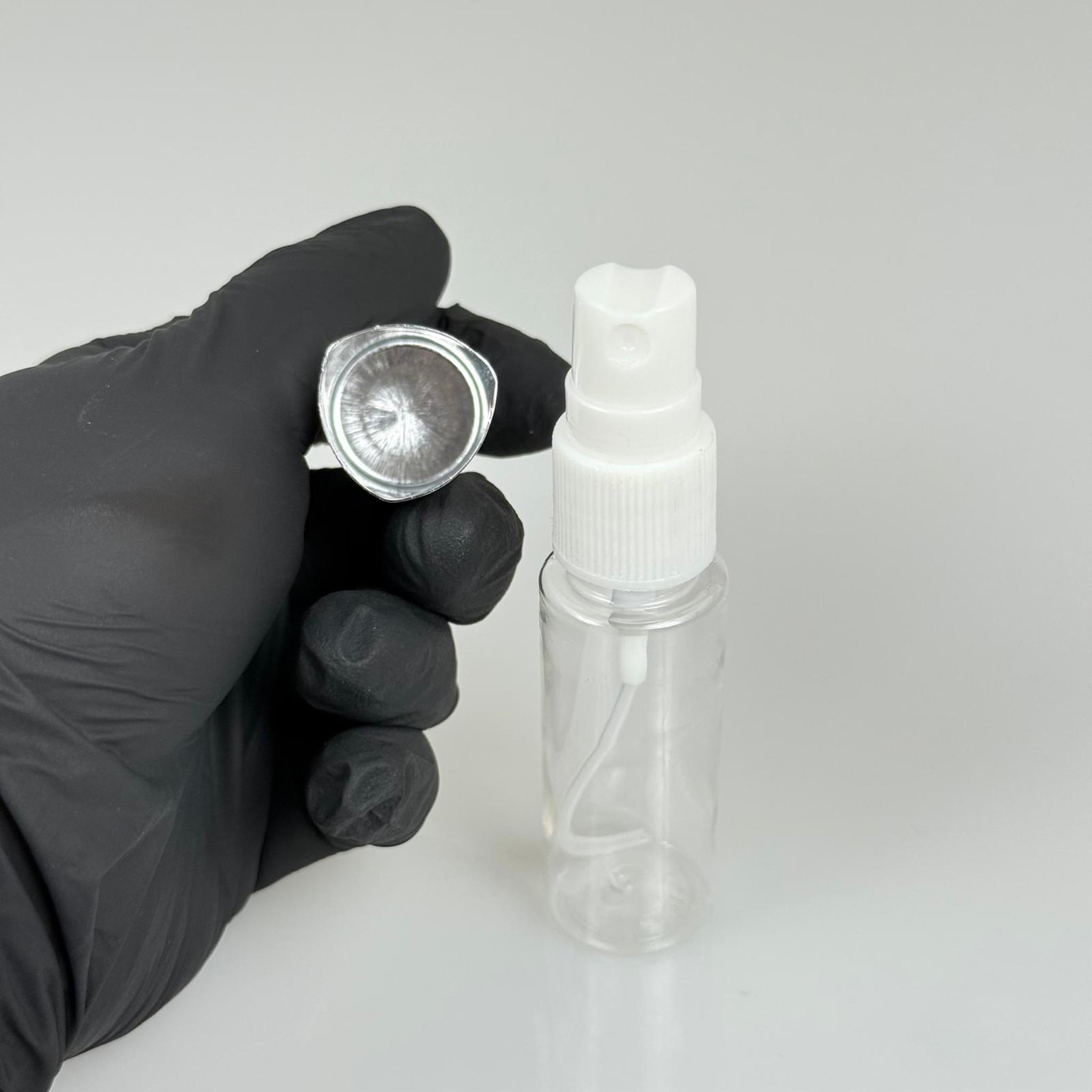 20 ML PET KOLONYA, PARFÜM VB ŞİŞELERİ - METAL ALÜMİNYUM GÜMÜŞ KAPAK + VİDALI SPREY + 20 CC UZUN MODEL ŞİŞE SET TAKIM