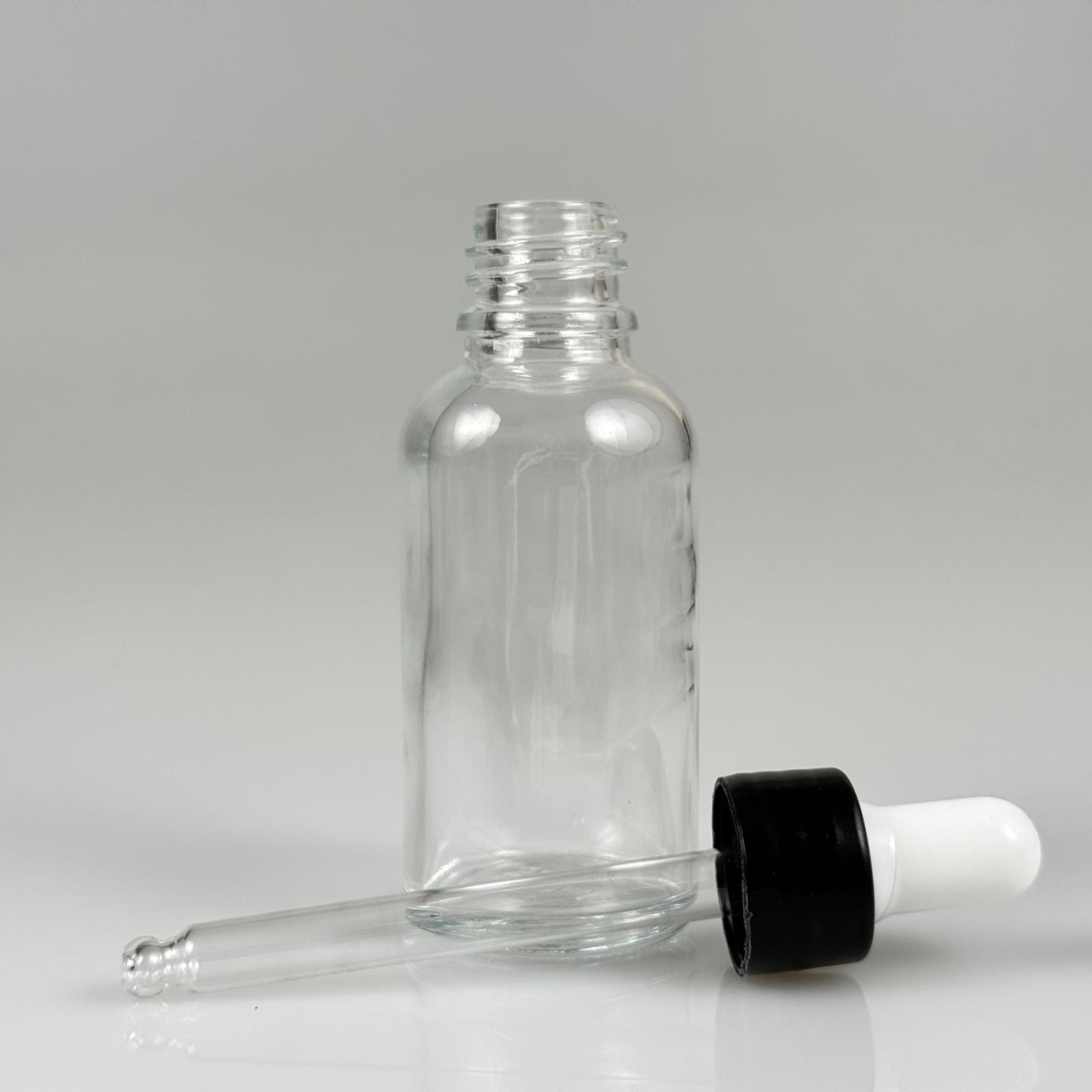 30 CC ŞEFFAF CAM DAMLALIKLI ŞİŞE - BEYAZ EMZİK + SİYAH DÜZ KAPAK + CAM PİPET TAKIM - 30 ML DAMLALIKLI ŞİŞE SETİ