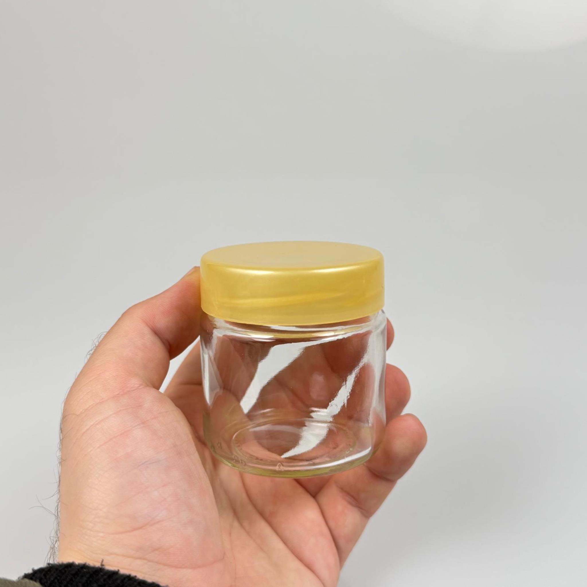 100 CC CAM KAVANOZ + GOLD PLASTİK KAPAK - 100 ML PLASTİK KAPAKLI CAM KAVANOZ (SİLME 106 CC)