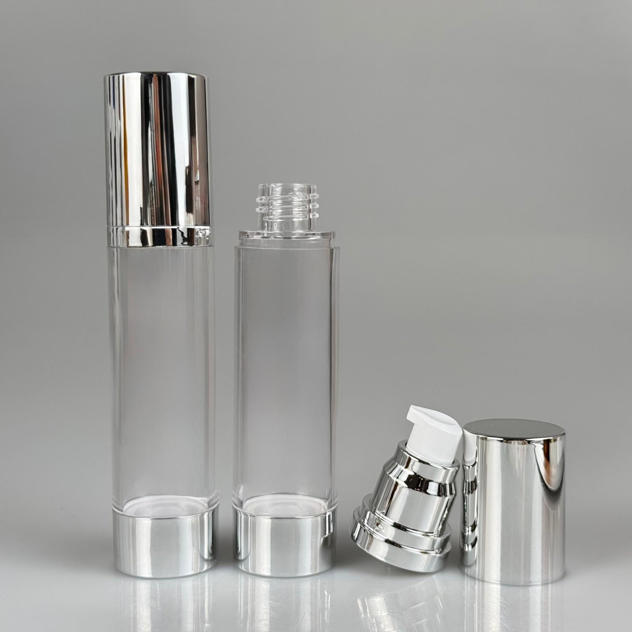 BOŞ KREM VE LOSYON ŞİŞESİ 50 ML BOŞ AİRLESS ŞİŞE - HAVASIZ POMPALI GÜMÜŞ ASANSÖR AİRLESS ŞİŞE