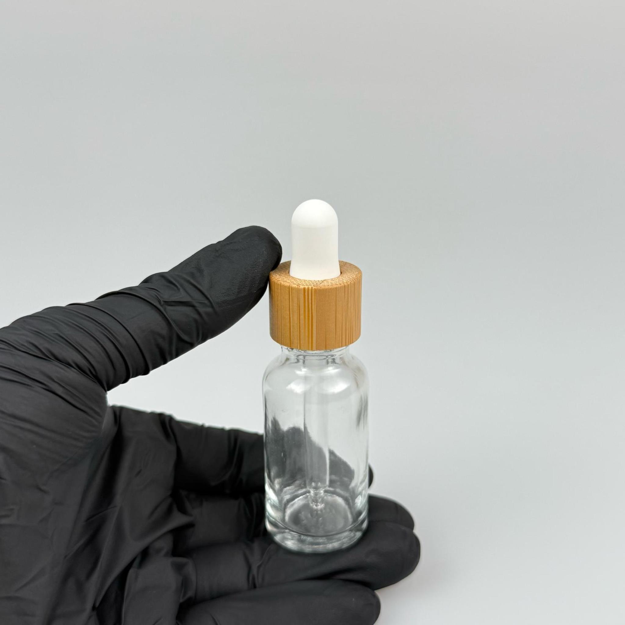 20 CC ŞEFFAF CAM DAMLALIKLI ŞİŞE - BEYAZ EMZİK - BAMBU AHŞAP KAPAK - 20 ML BAMBU KAPAKLI CAM DAMLALIKLI ŞİŞE