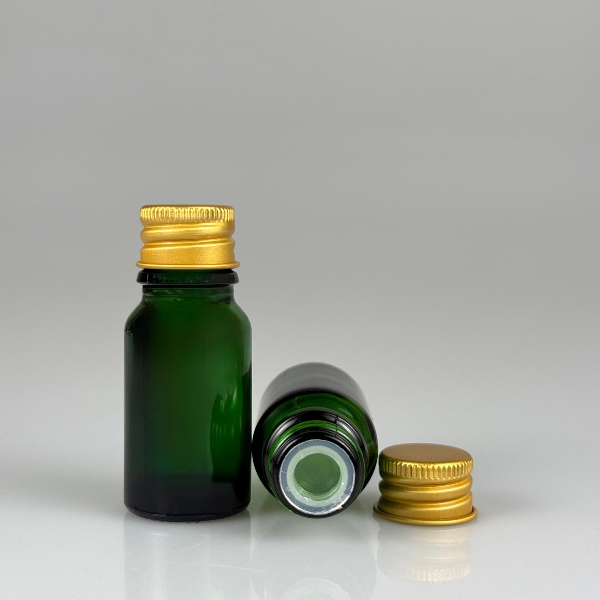 10 CC YEŞİL CAM ŞİŞE + KÖPÜK CONTALI GOLD ALÜMİNYUM METAL KAPAKLI + KÖR TIPALI TAKIM - 10 ML YEŞİL CAM ŞİŞE