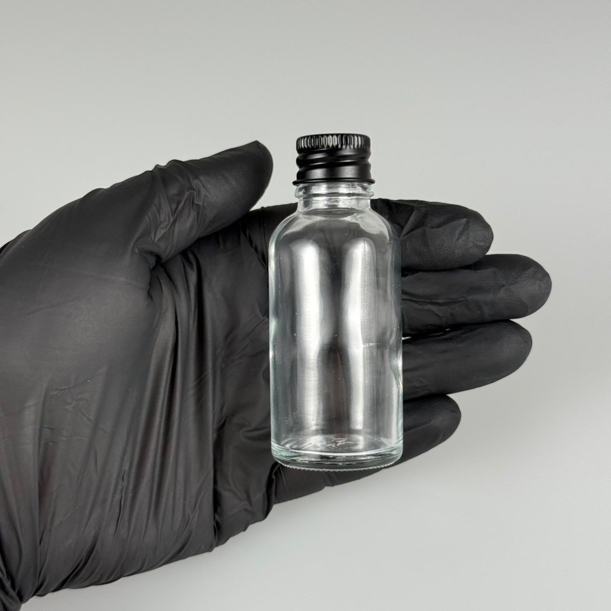 30 CC ŞEFFAF CAM ŞİŞE + KÖPÜK CONTALI SİYAH ALÜMİNYUM METAL KAPAKLI TAKIM - 30 ML ŞEFFAF CAM ŞİŞE