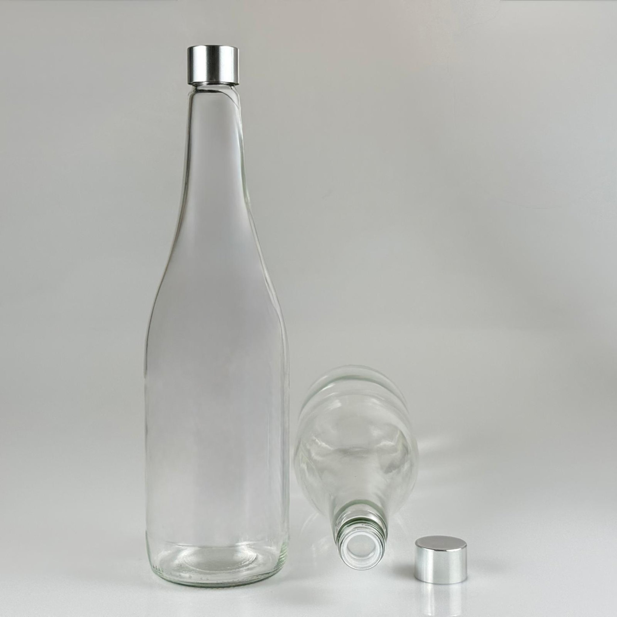 1000 CC ŞEFFAF CAM ŞERBET ŞİŞESİ + ALÜMİNYUM KAPLAMALI GÜMÜŞ KAPAKLI + KÖR TIPALI TAKIM - 1000 ML CAM ŞİŞE