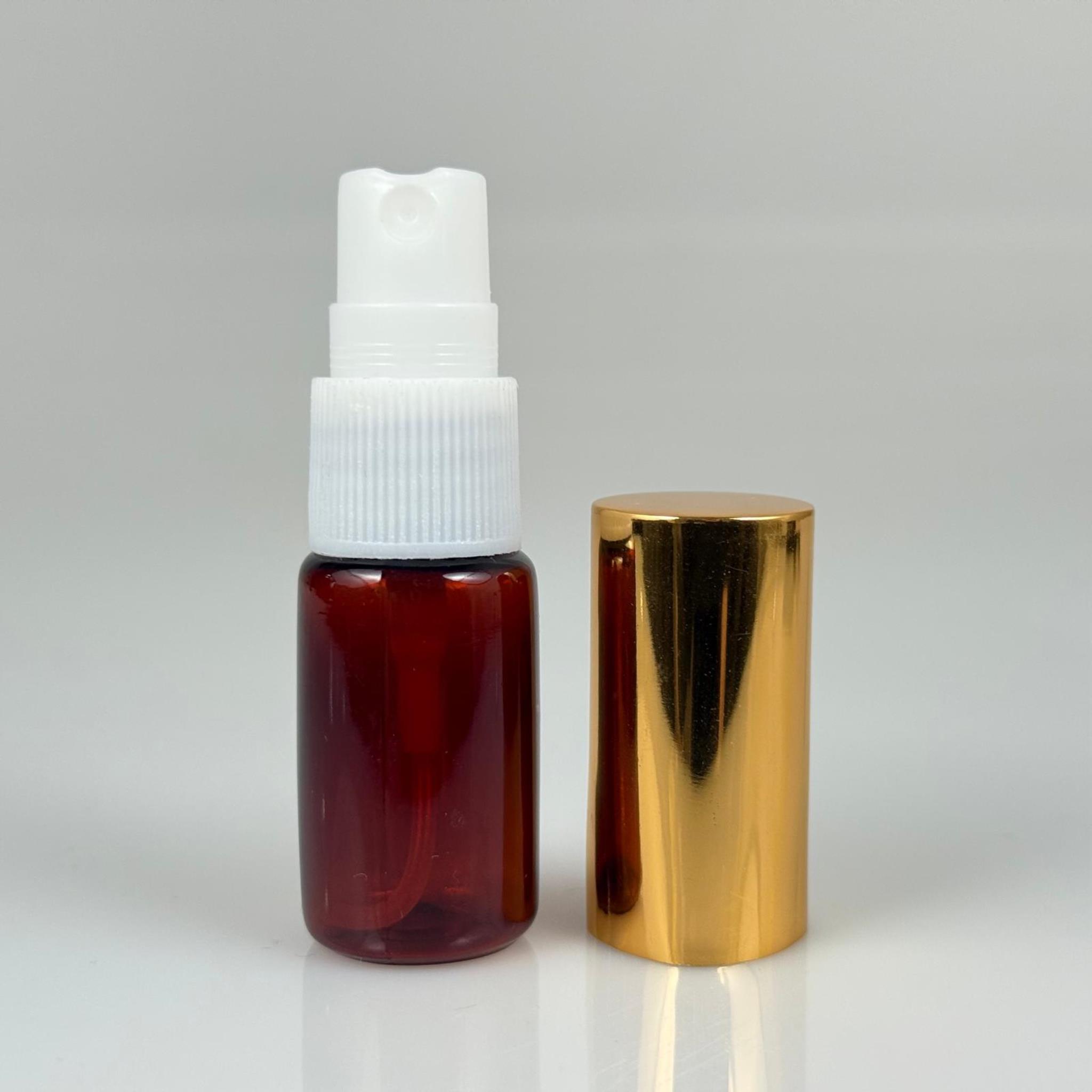 10 ML PET KOLONYA, PARFÜM VB ŞİŞELERİ - METAL ALÜMİNYUM GOLD KAPAK + VİDALI SPREY + 10 CC AMBER SHOT ŞİŞE SET TAKIM
