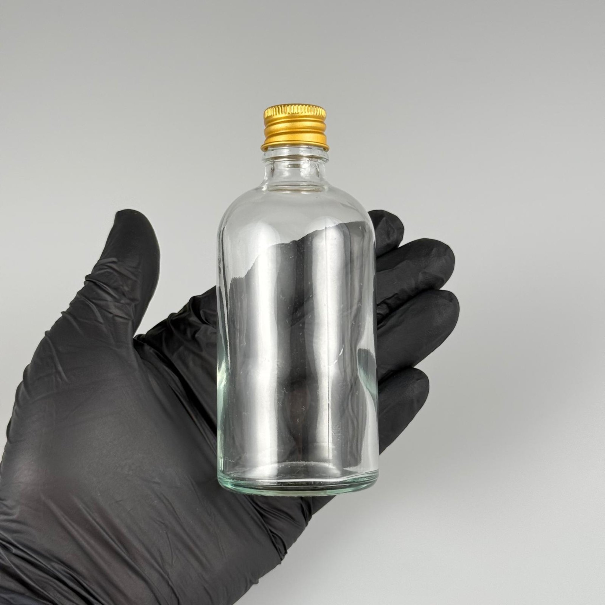 100 CC ŞEFFAF CAM ŞİŞE + KÖPÜK CONTALI GOLD ALÜMİNYUM METAL KAPAKLI + KOLONYA TIPALI TAKIM - 100 ML ŞEFFAF CAM ŞİŞE