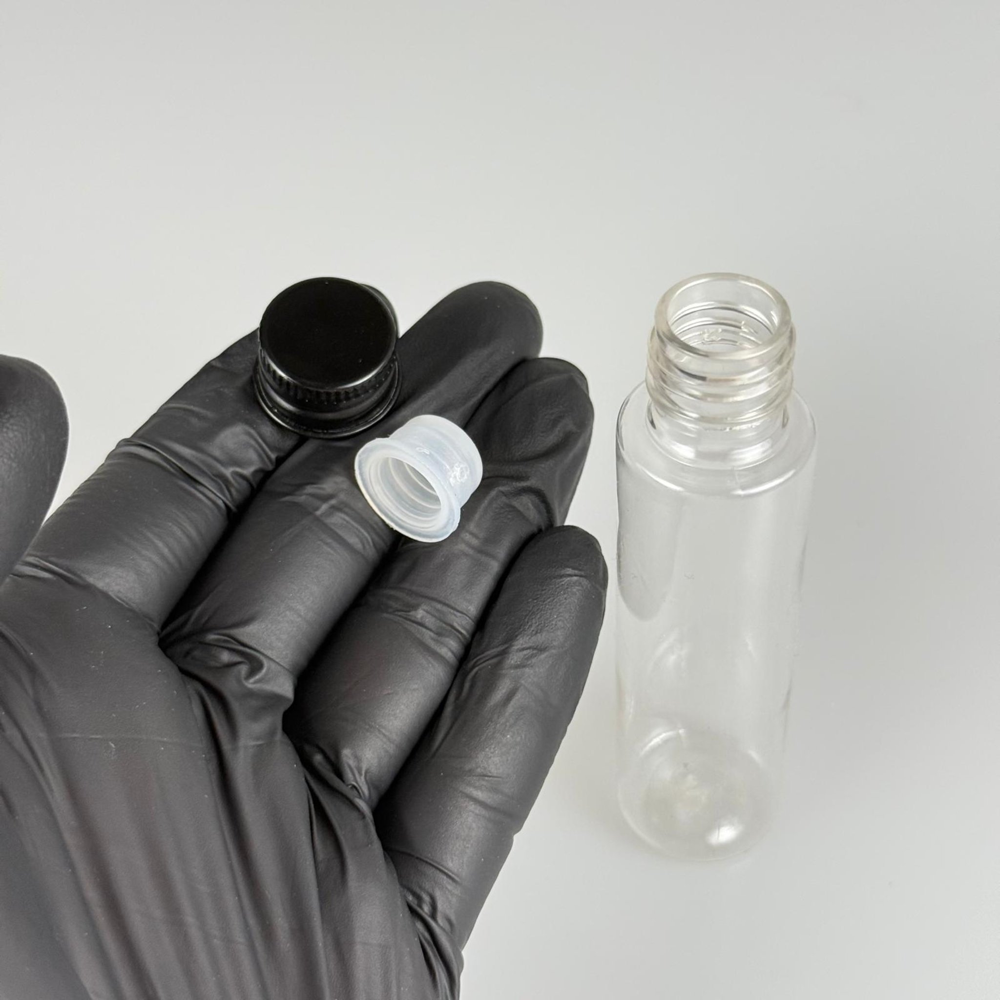 35 CC PET ŞİŞE - KÖPÜK CONTALI SİYAH ALÜMİNYUM METAL KAPAKLI + KÖR TIPALI TAKIM - 35 ML ŞEFFAF PET ŞİŞE