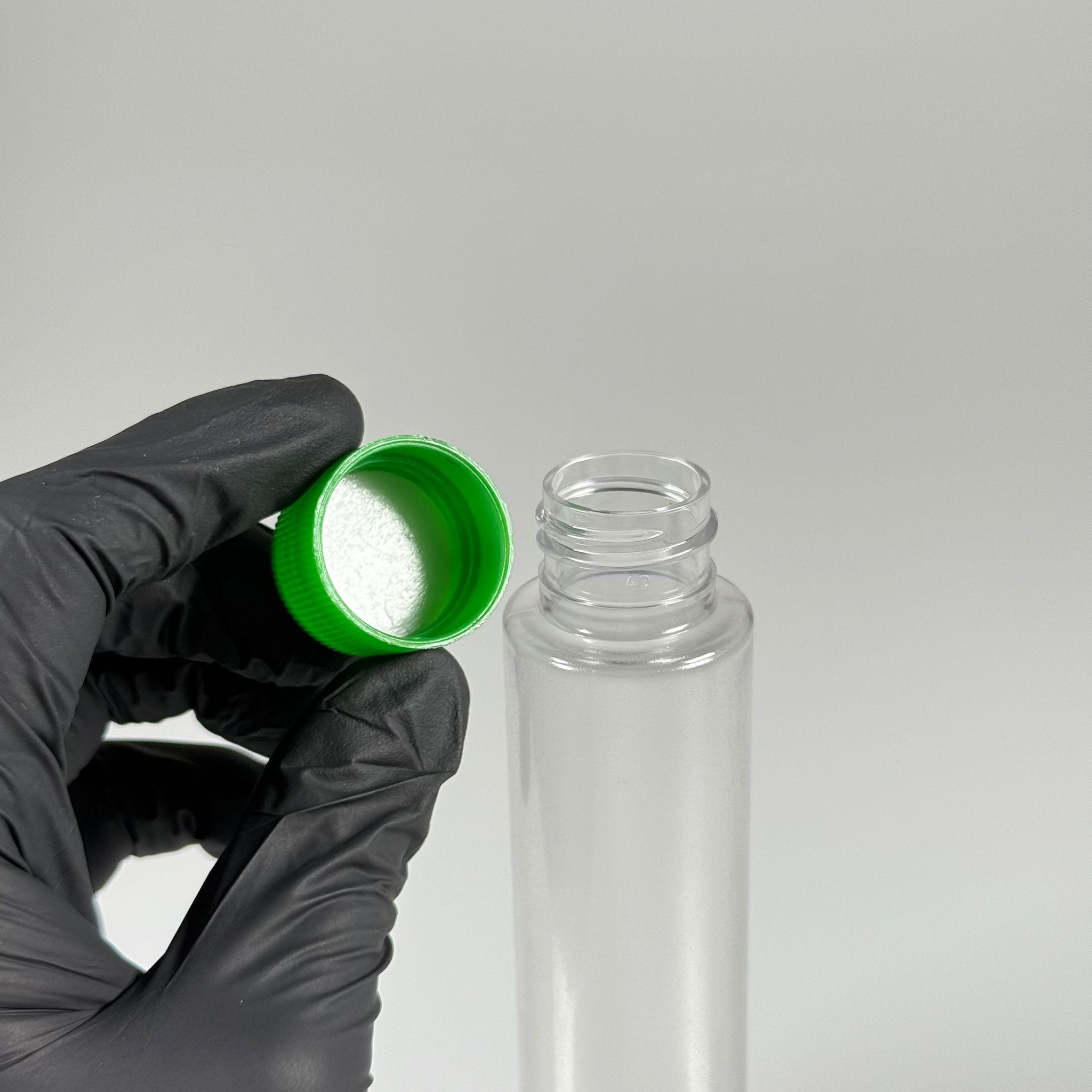100 CC UZUN SİLİNDİR BUĞULU PET ŞİŞE (24 GR)  - CONTALI YEŞİL KAPAKLI - 100 ML BİBERİYE SUYU, LAVANTA YAĞI, SAÇ SERUM, TONİK VB İÇİN PLASTİK KOZMETİK AMBALAJLARI