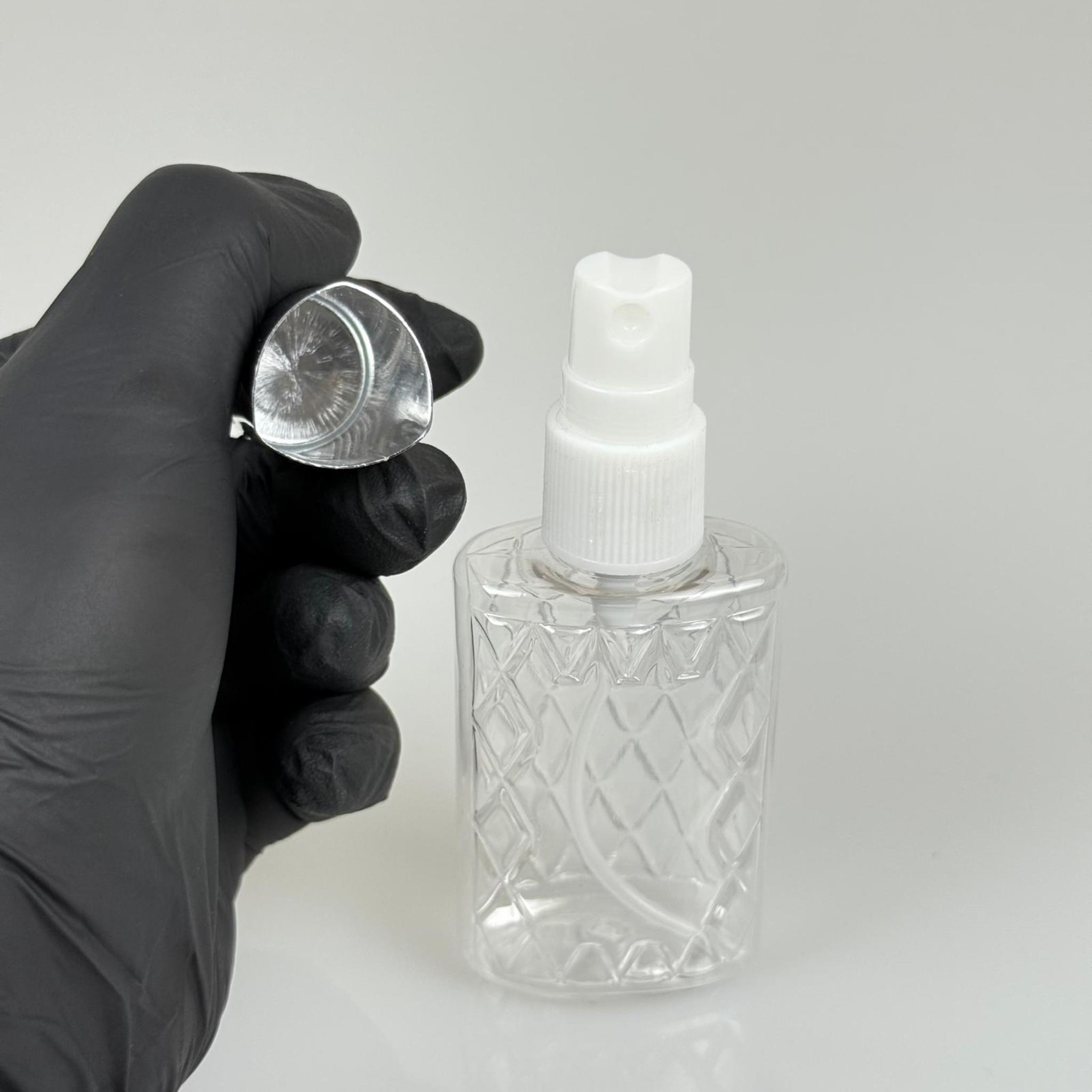50 ML PET KOLONYA, PARFÜM VB ŞİŞELERİ - METAL ALÜMİNYUM GÜMÜŞ KAPAK + VİDALI SPREY + 50 CC KÖŞELİ ŞEFFAF ŞİŞE SET TAKIM