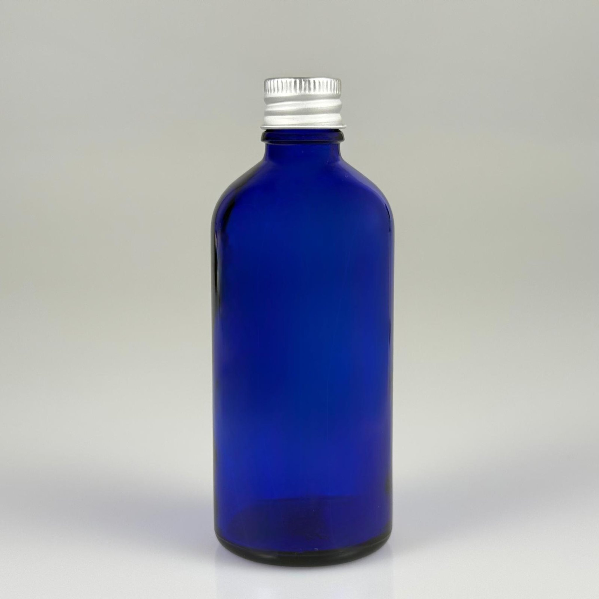 100 CC MAVİ CAM ŞİŞE + KÖPÜK CONTALI GÜMÜŞ ALÜMİNYUM METAL KAPAKLI TAKIM - 100 ML MAVİ CAM ŞİŞE