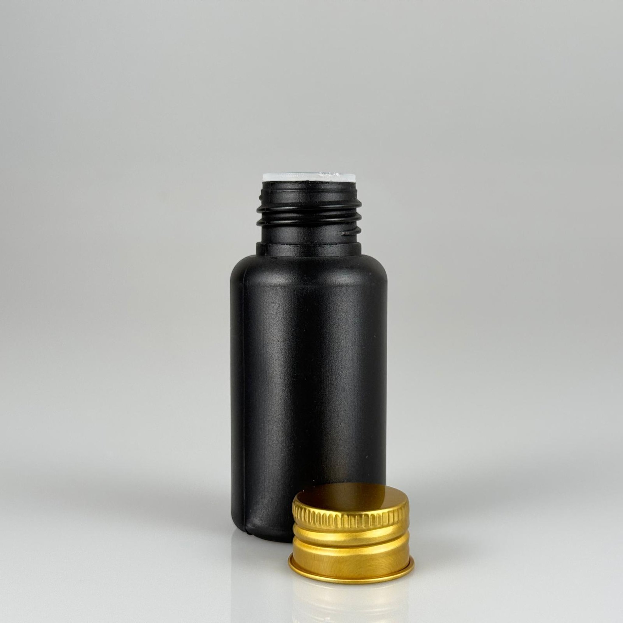50 CC SİYAH POLİETİLEN PLASTİK ASETON ŞİŞESİ ( 24 AĞIZ ) + KÖPÜK CONTALI GOLD METAL ALÜMİNYUM KAPAK + KOLONYA TIPALI TAKIM - 50 ML KAPAKLI SİYAH PLASTİK ŞİŞELER