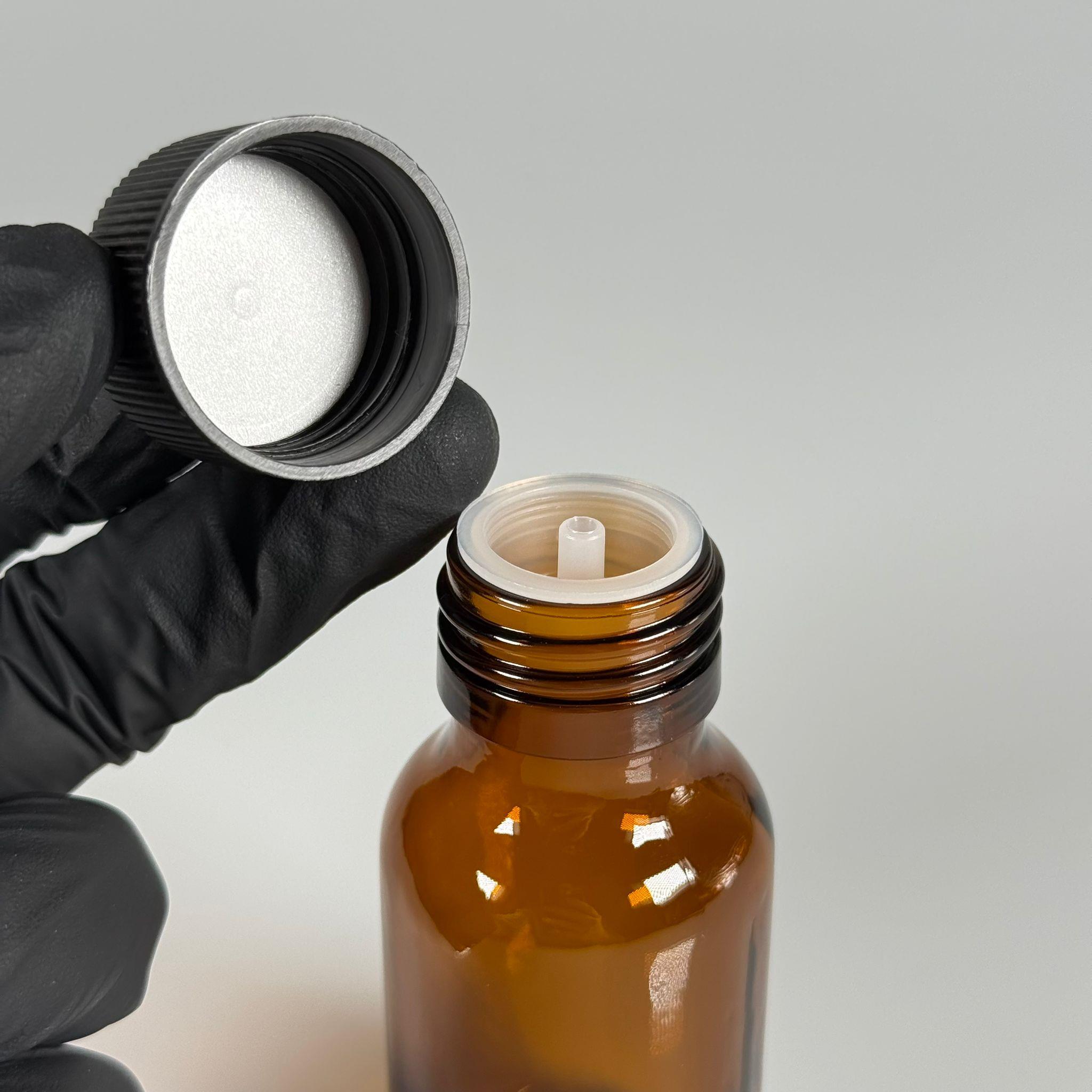 50 ML DOLUMU KOLAY, GENİŞ AĞIZLI İÇTEN DAMLALIKLI ŞİŞE (28 MM AĞIZ)  - 50 CC SİYAH CONTALI KAPAKLI İÇTEN DAMLALIKLI CAM ECZA ŞİŞESİ - AMBER KAHVERENGİ