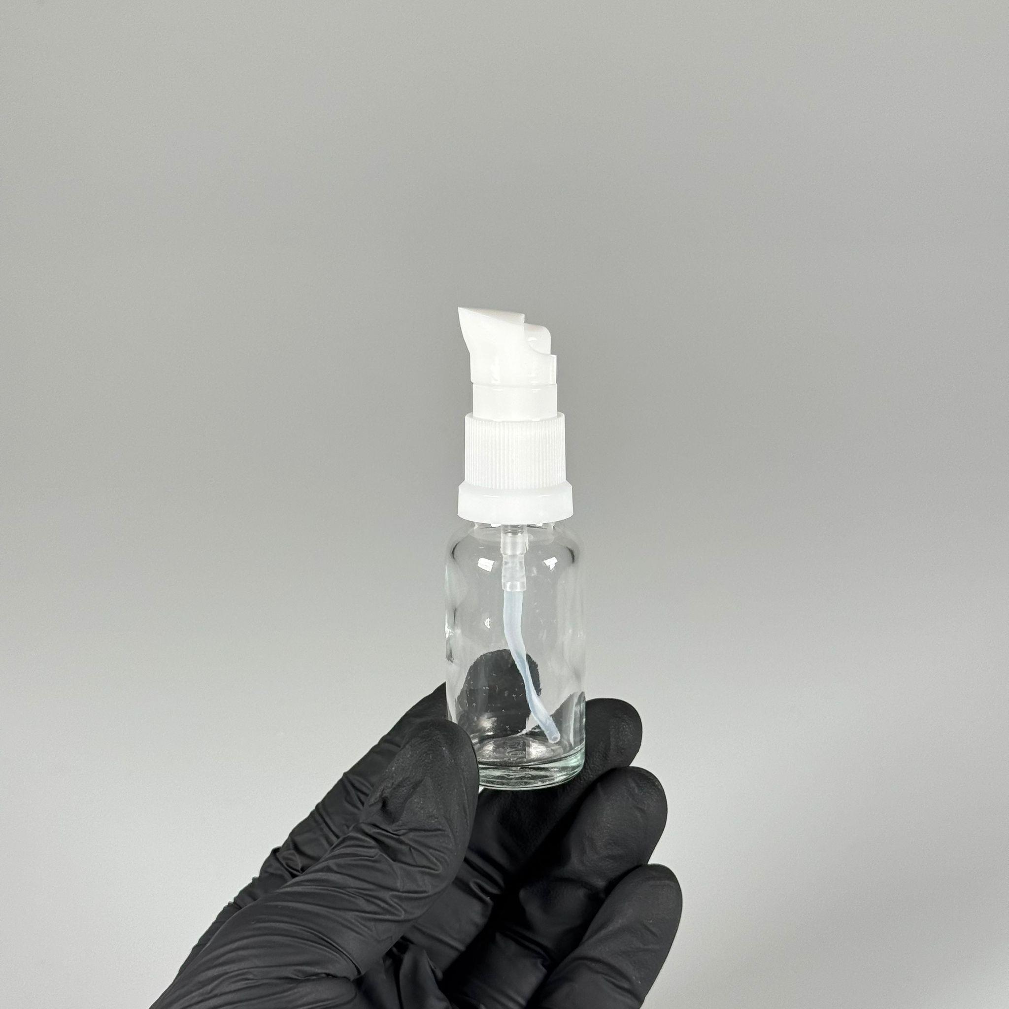 20 CC ŞEFFAF CAM ŞİŞE - SIZDIRMAZ ETEKLİ BEYAZ LOSYON POMPALI TAKIM - 20 ML LOSYON ŞİŞESİ - YAĞ, KREM GİBİ YOĞUN KIVAMLI SIVILAR İÇİN CAM AMBALAJ