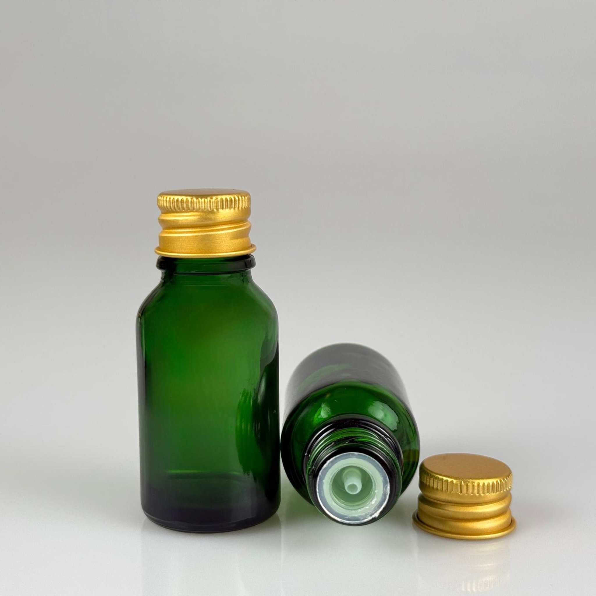 15 CC YEŞİL CAM ŞİŞE + KÖPÜK CONTALI GOLD ALÜMİNYUM METAL KAPAKLI + KOLONYA TIPALI TAKIM - 15 ML YEŞİL CAM ŞİŞE