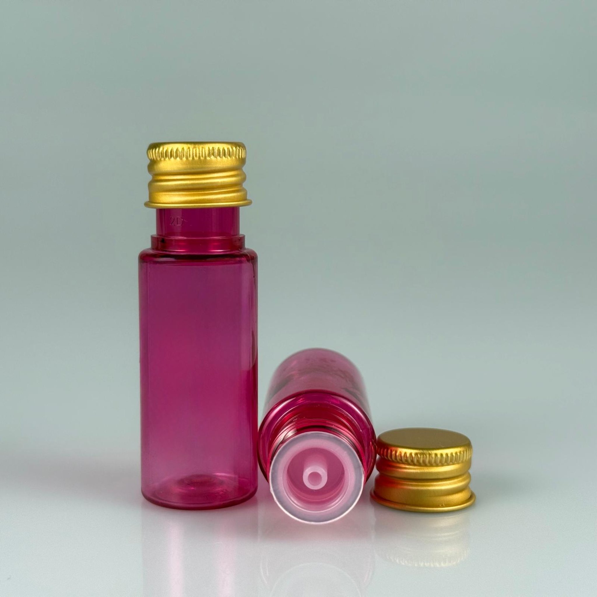 15 CC SİLİNDİR PEMBE PET ŞİŞE + KÖPÜK CONTALI GOLD ALÜMİNYUM METAL KAPAKLI + DAMLALIKLI KOLONYA TIPALI TAKIML - 15 ML PEMBE PET ŞİŞE