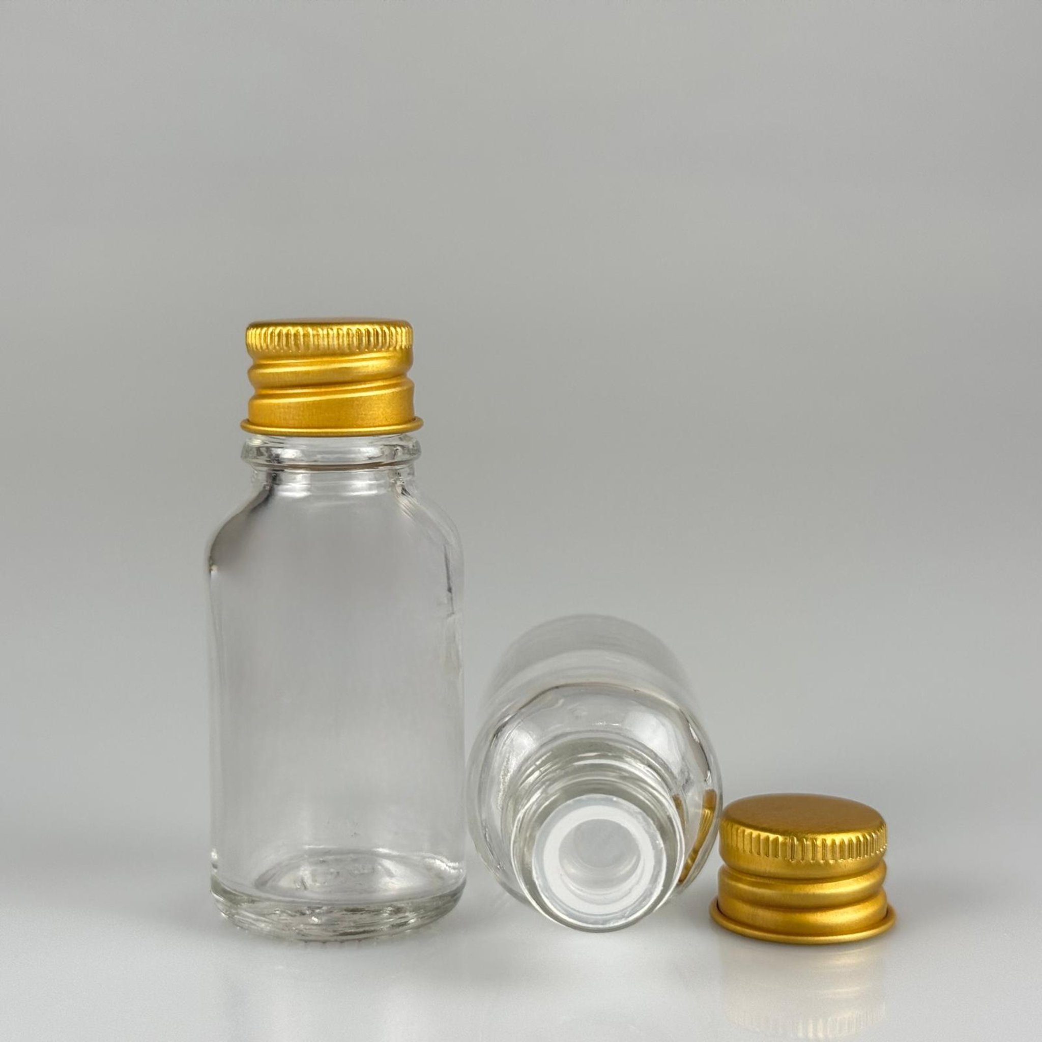 15 CC ŞEFFAF CAM ŞİŞE + KÖPÜK CONTALI GOLD ALÜMİNYUM METAL KAPAKLI + KÖR TIPALI TAKIM - 15 ML ŞEFFAF CAM ŞİŞE