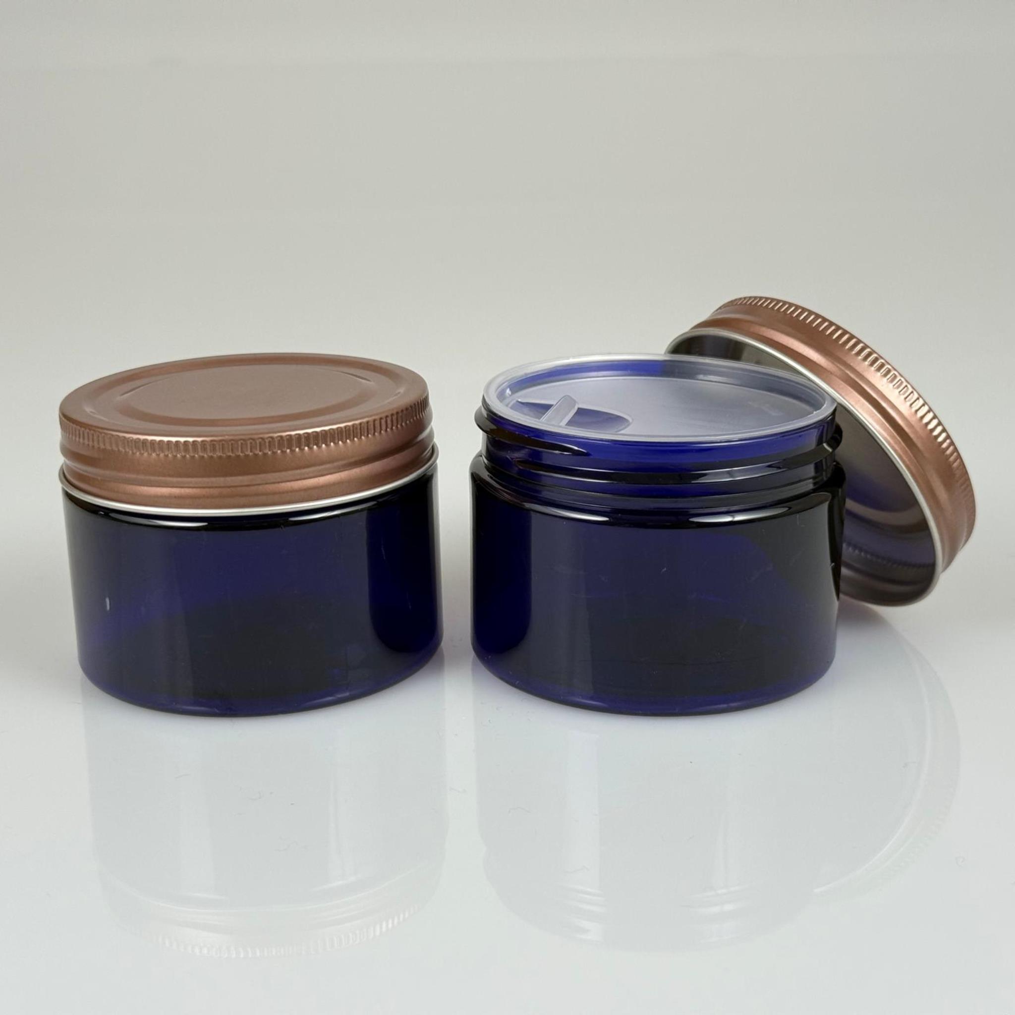 150 ML SERT PET KAVANOZ + BRONZ METAL KAPAK + İÇ TIPA - 150 CC KALIN MAVİ PLASTİK KAVANOZ BRONZ METAL KAPAKLI İÇ TIPALI TAKIM - KREM KAVANOZLARI