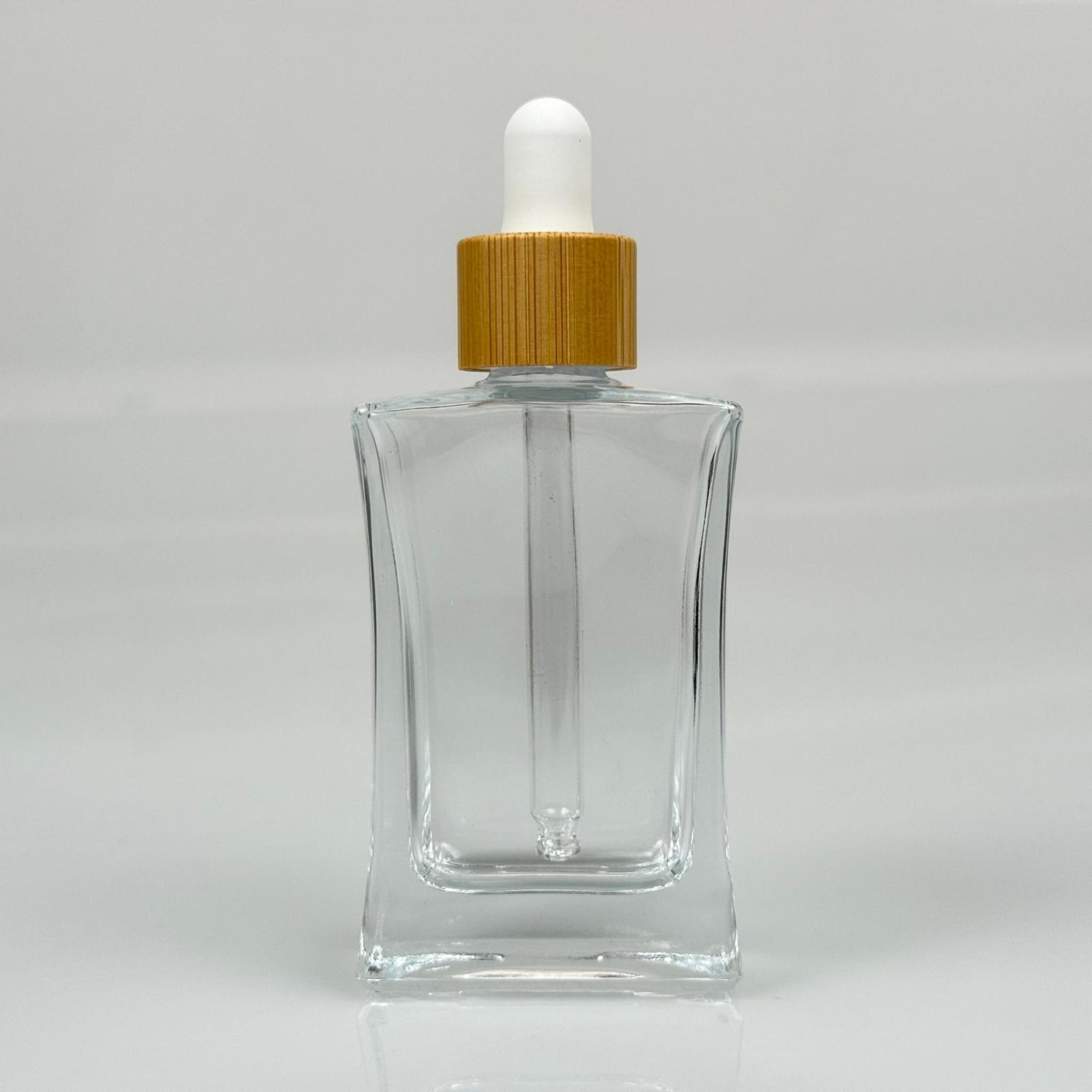 50 CC DİKDÖRGEN KÖŞELİ CAM DAMLALIKLI ŞİŞE - BEYAZ EMZİK - BAMBU AHŞAP KAPAK - 50 ML BAMBU KAPAKLI DAMLALIKLI CAM ŞİŞE