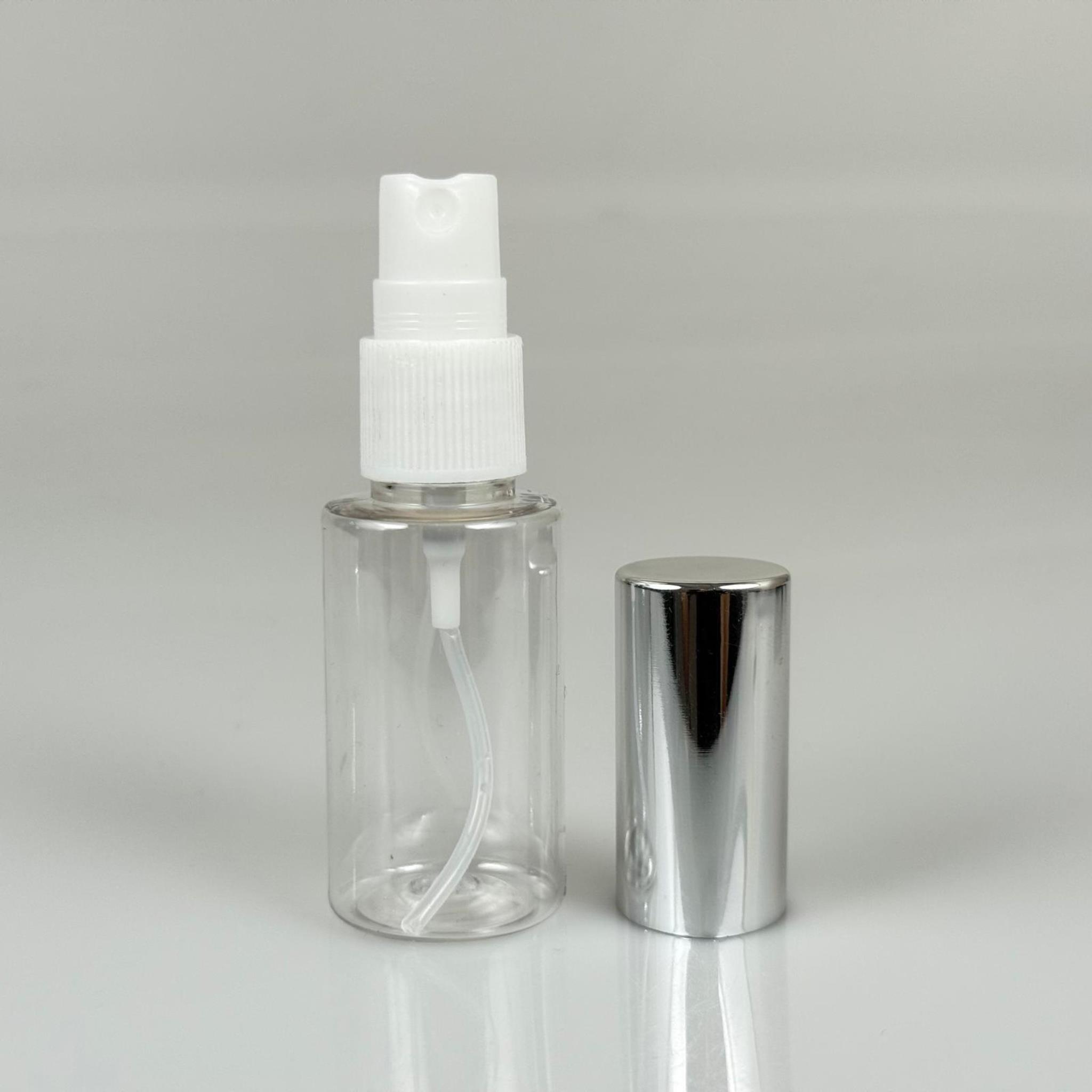 30 ML PET KOLONYA, PARFÜM VB ŞİŞELERİ - METAL ALÜMİNYUM GÜMÜŞ KAPAK + VİDALI SPREY + 30 CC ŞİŞE SET TAKIM
