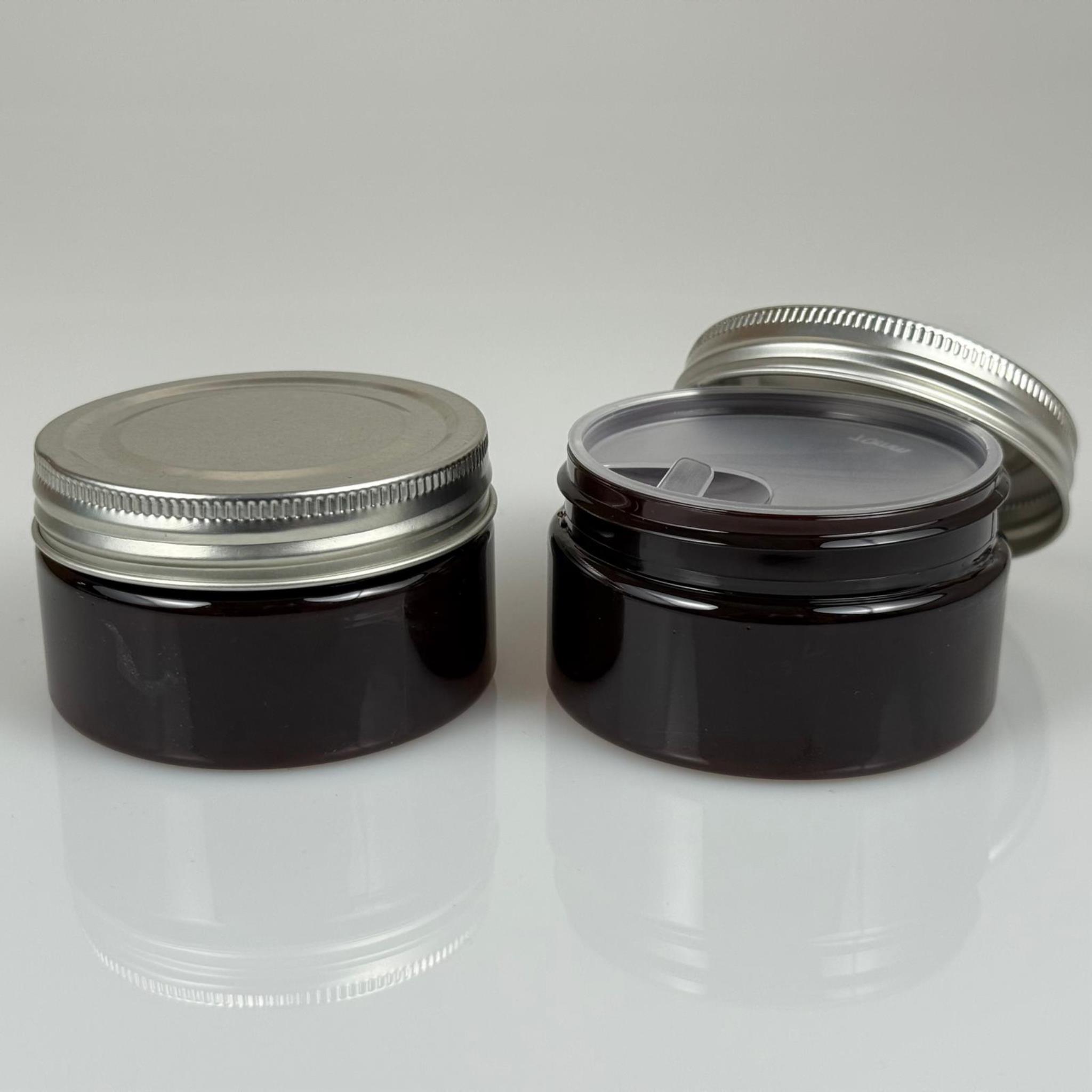 100 ML SERT PET KAVANOZ + GÜMÜŞ METAL KAPAK + İÇ TIPA - 100 CC KALIN AMBER PLASTİK KAVANOZ GÜMÜŞ METAL KAPAKLI İÇ TIPALI TAKIM - KREM KAVANOZLARI
