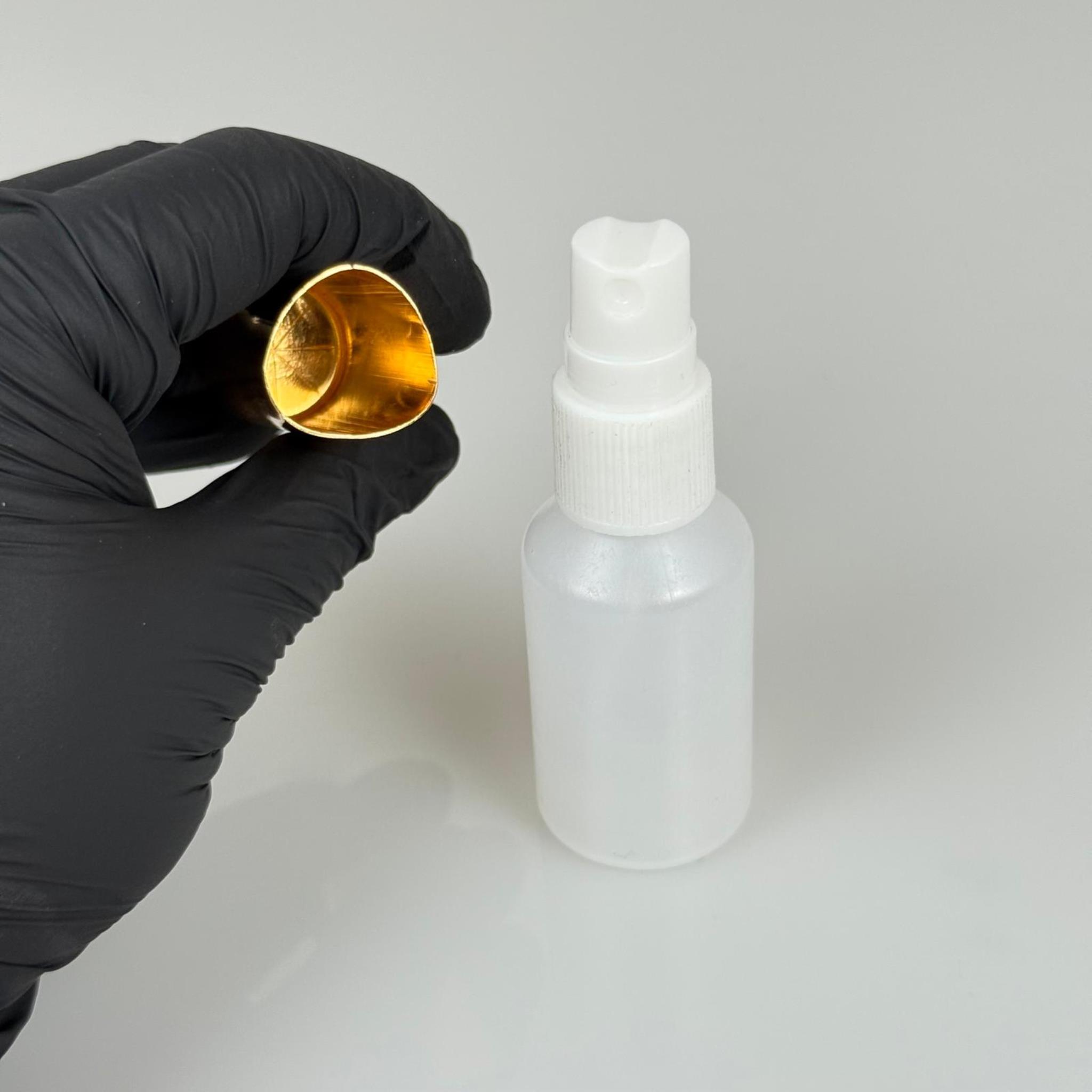 30 ML POLİETİLEN KOLONYA, PARFÜM VB ŞİŞELERİ - METAL ALÜMİNYUM GOLD KAPAK + VİDALI SPREY + 30 CC NATÜREL ŞİŞE SET TAKIM