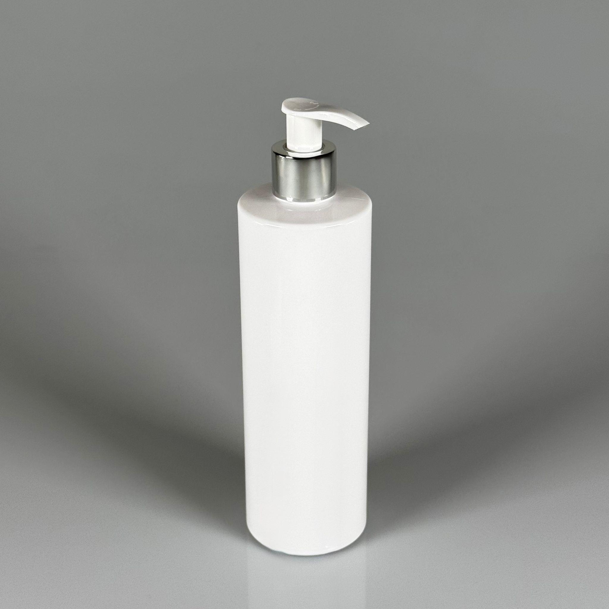 400 CC KÜT BOYUNLU SİLİNDİR PET ŞİŞE (30 GR) - GÜMÜŞ SIVI SABUN POMPALI - 400 ML PLASTİK ŞİŞE - BEYAZ