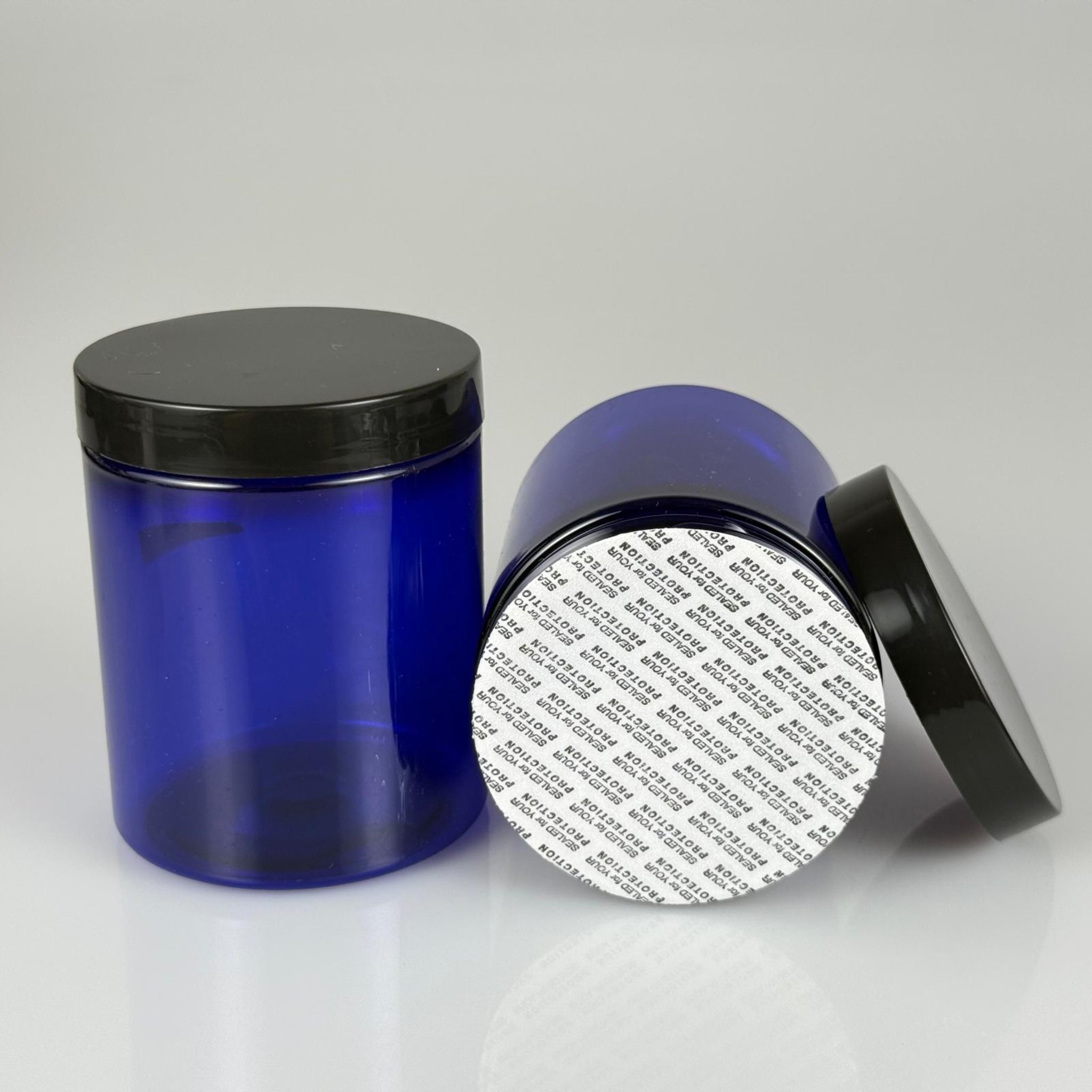 300 CC MAVİ SERT PLASTİK KAVANOZ + SİYAH PLASTİK KAPAKLI + KENDİNDEN YAPIŞKANLI KÖPÜK CONTALI TAKIM - 300 ML PLASTİK KREM KAVANOZU