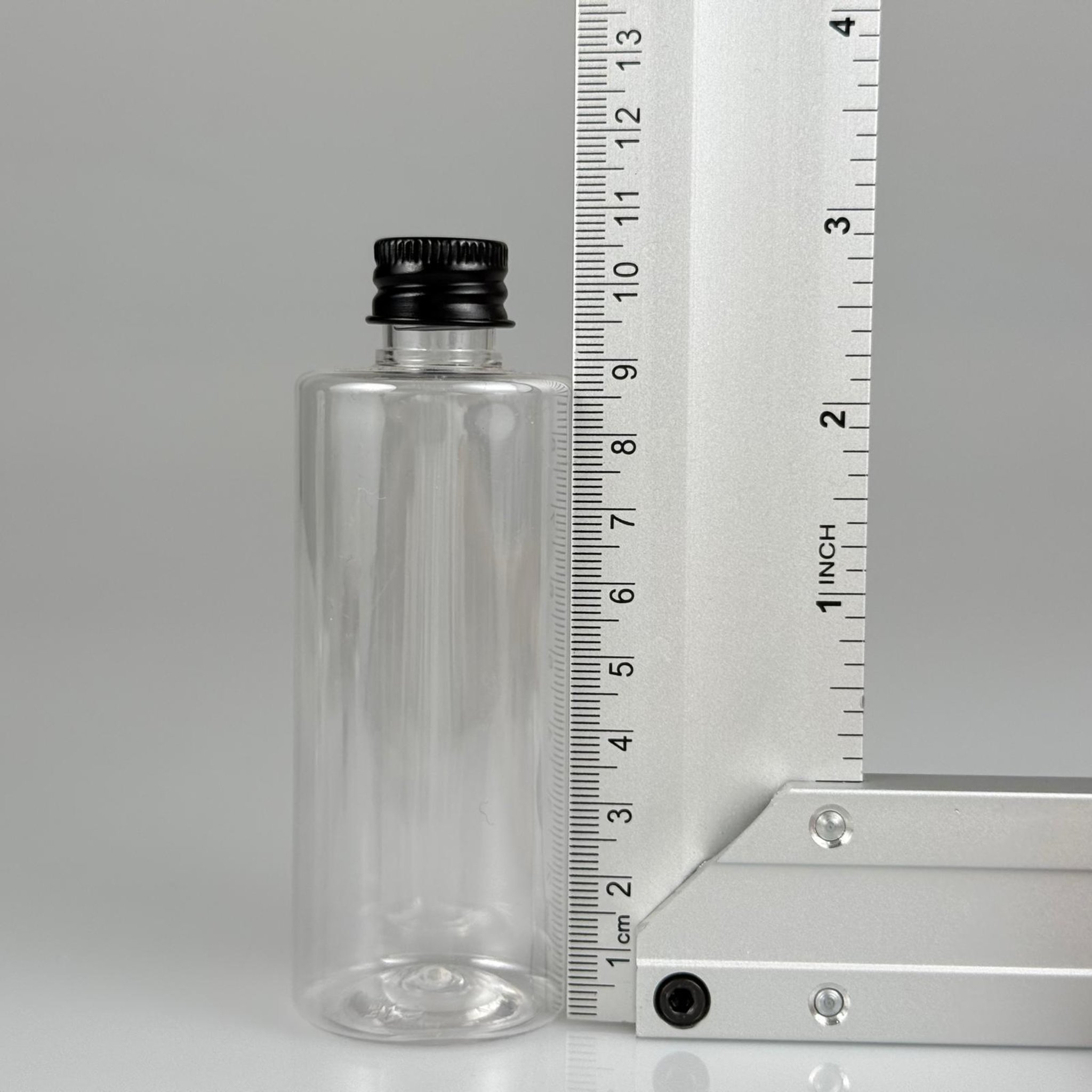 100 CC ŞEFFAF SİLİNDİR MODEL PET ŞİŞE + KÖPÜK CONTALI SİYAH ALÜMİNYUM METAL KAPAKLI TAKIM - 100 ML PLASTİK ŞİŞE