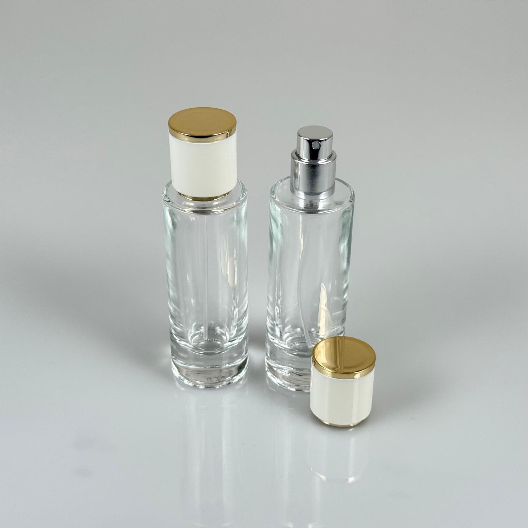 30 ML SİLİNDİR UZUN MODEL PARFÜM ŞİŞESİ - GÜMÜŞ METAL SPREYLİ + GOLD BEYAZ KAPAKLI (AĞIZ 15 MM GEÇME KOLAY KAPAMA)