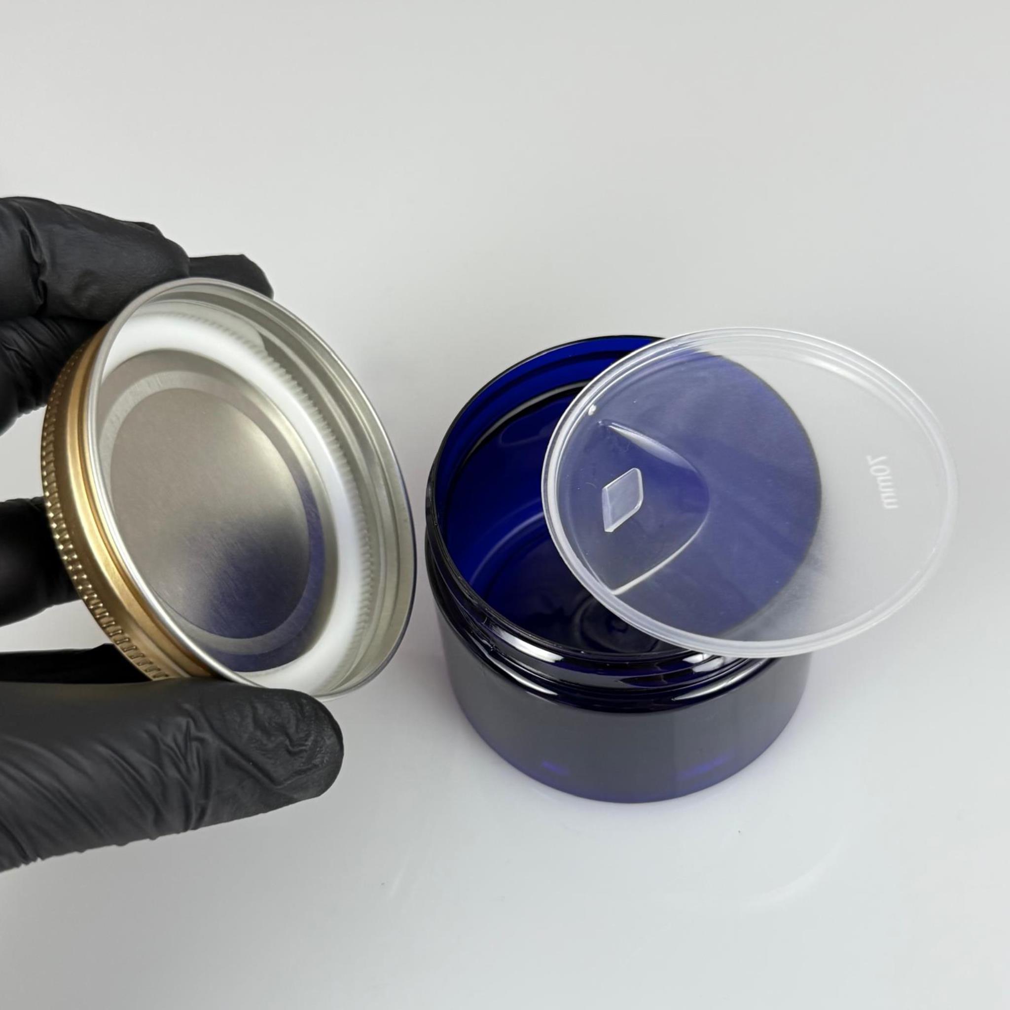 150 ML SERT PET KAVANOZ + GOLD METAL KAPAK + İÇ TIPA - 150 CC KALIN MAVİ PLASTİK KAVANOZ GOLD METAL KAPAKLI İÇ TIPALI TAKIM - KREM KAVANOZLARI