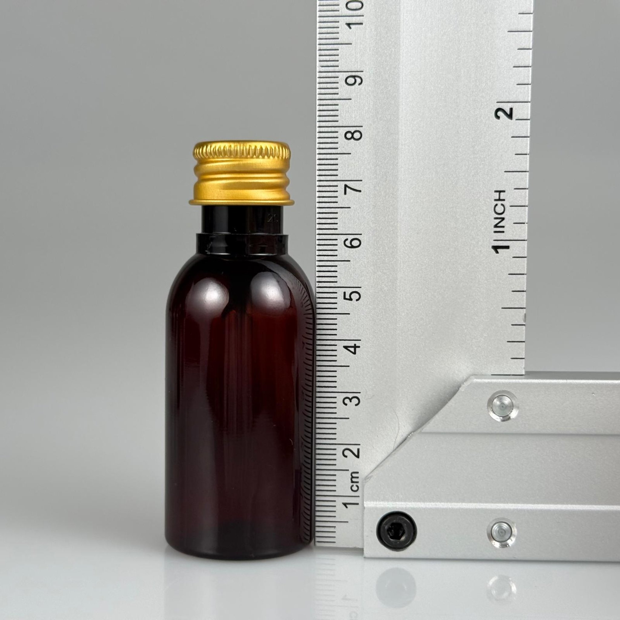 35 CC AMBER PET ŞİŞE - KÖPÜK CONTALI GOLD ALÜMİNYUM METAL KAPAKLI + KÖR TIPALI TAKIM - 35 ML KAHVERENGİ PET ŞİŞE